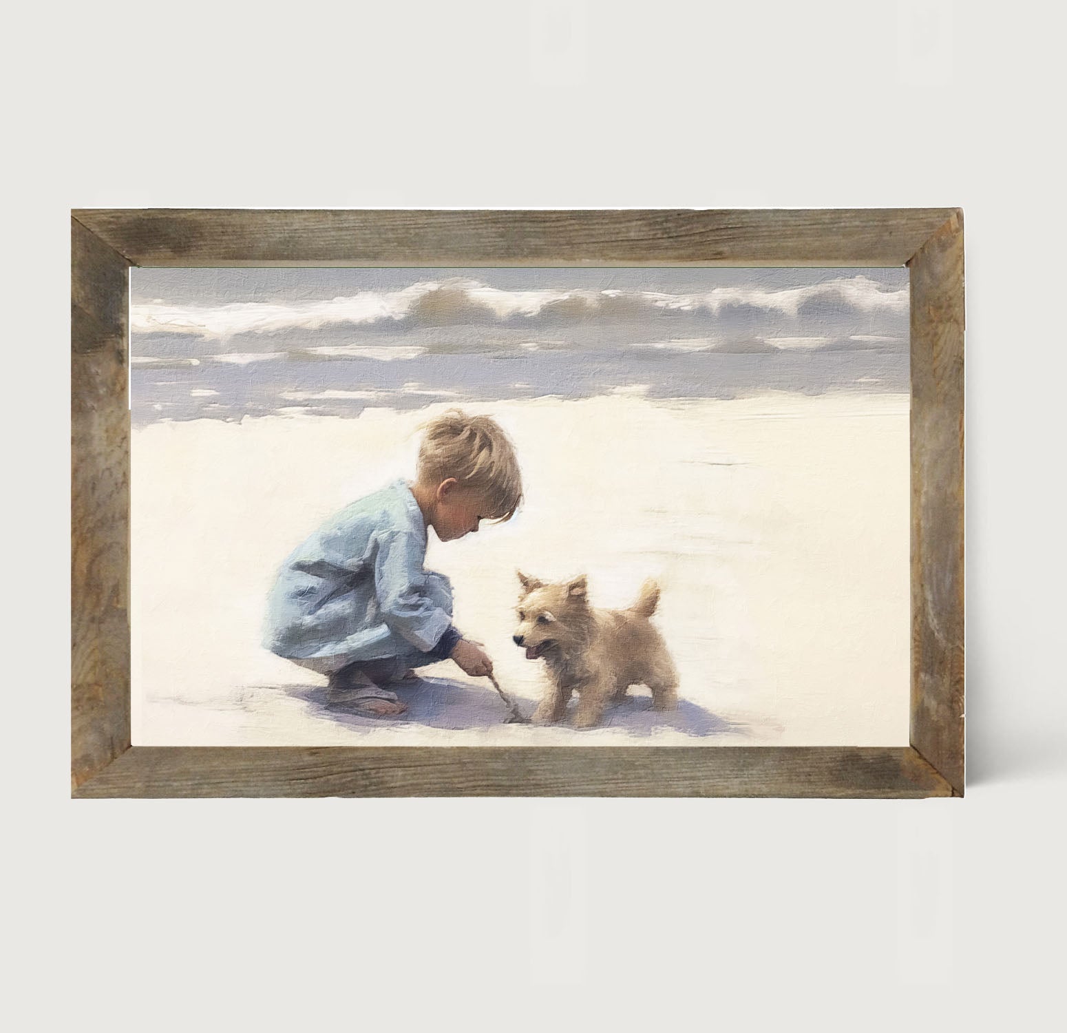 Boy with dog on beach - Framed art