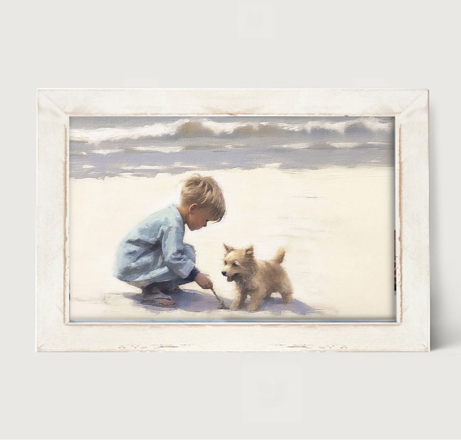 Boy with dog on beach - Framed art