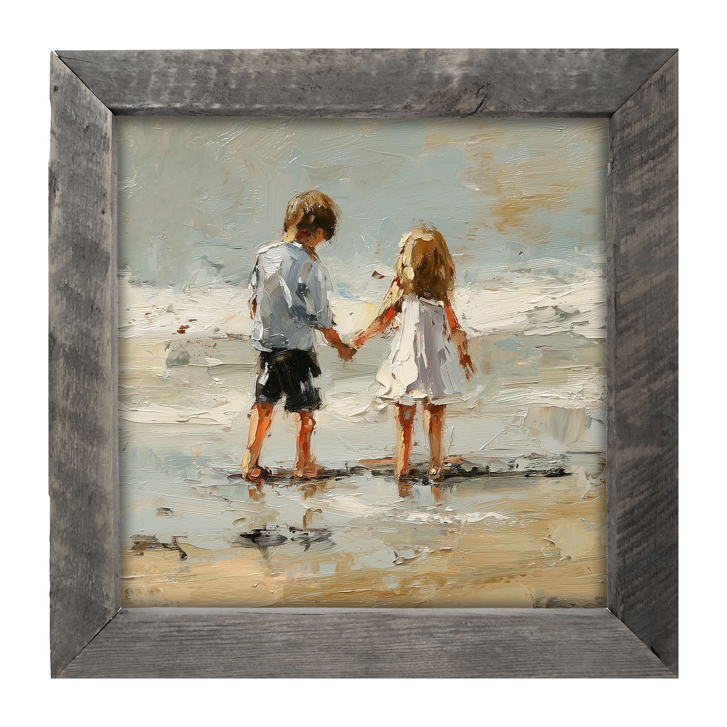 Children walking along Beach - Framed Art