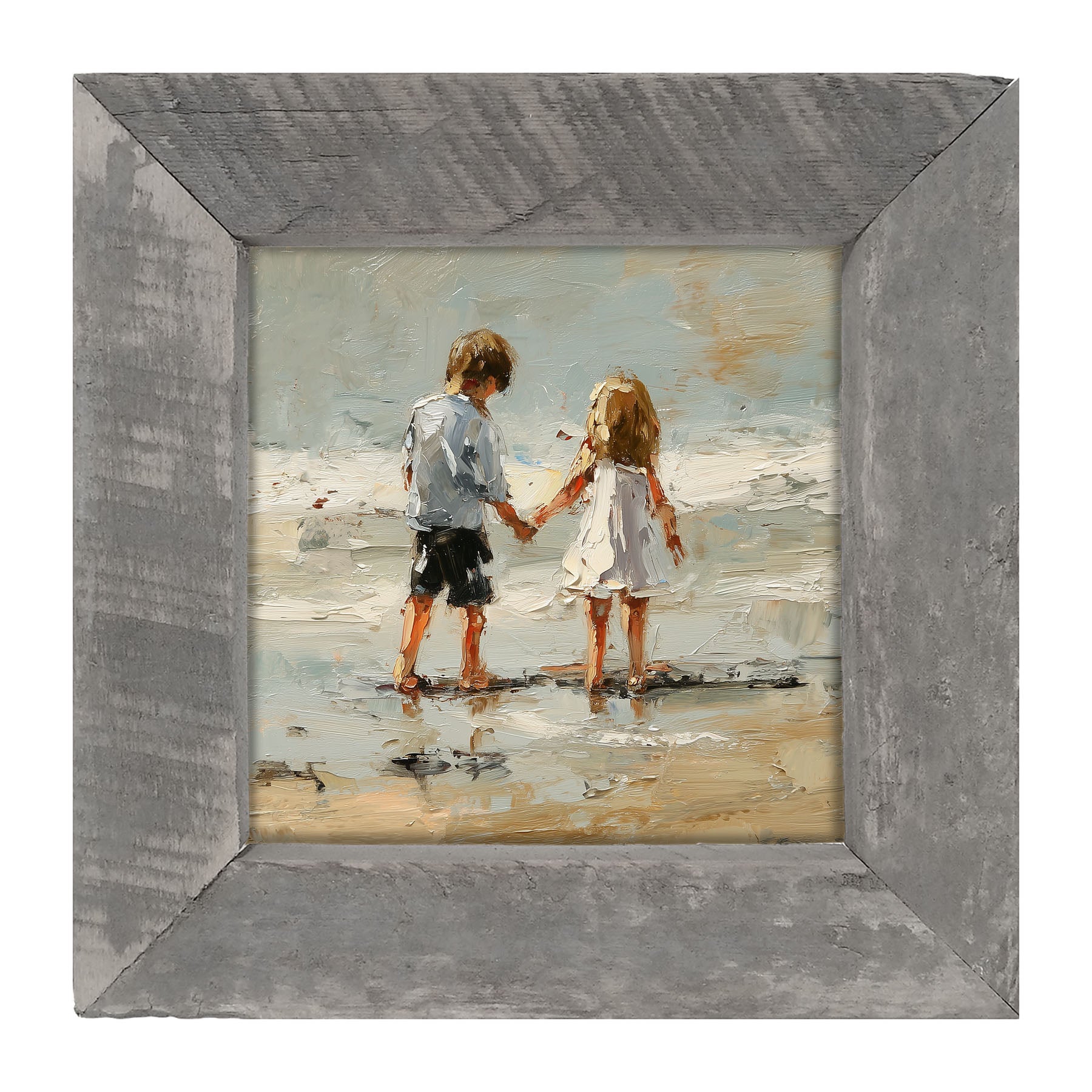 Children walking along Beach - Framed Art