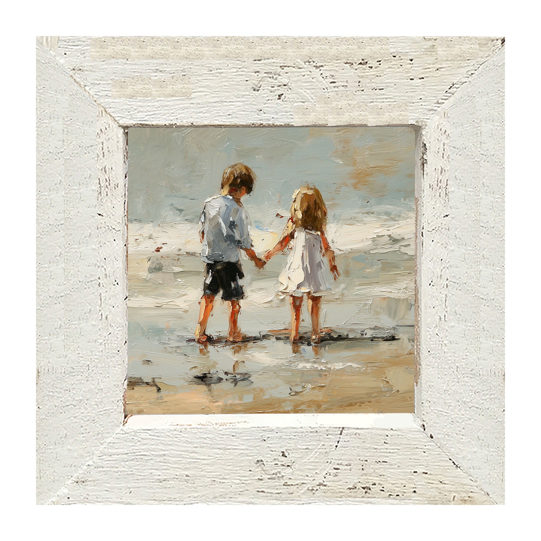 Children walking along Beach - Framed Art
