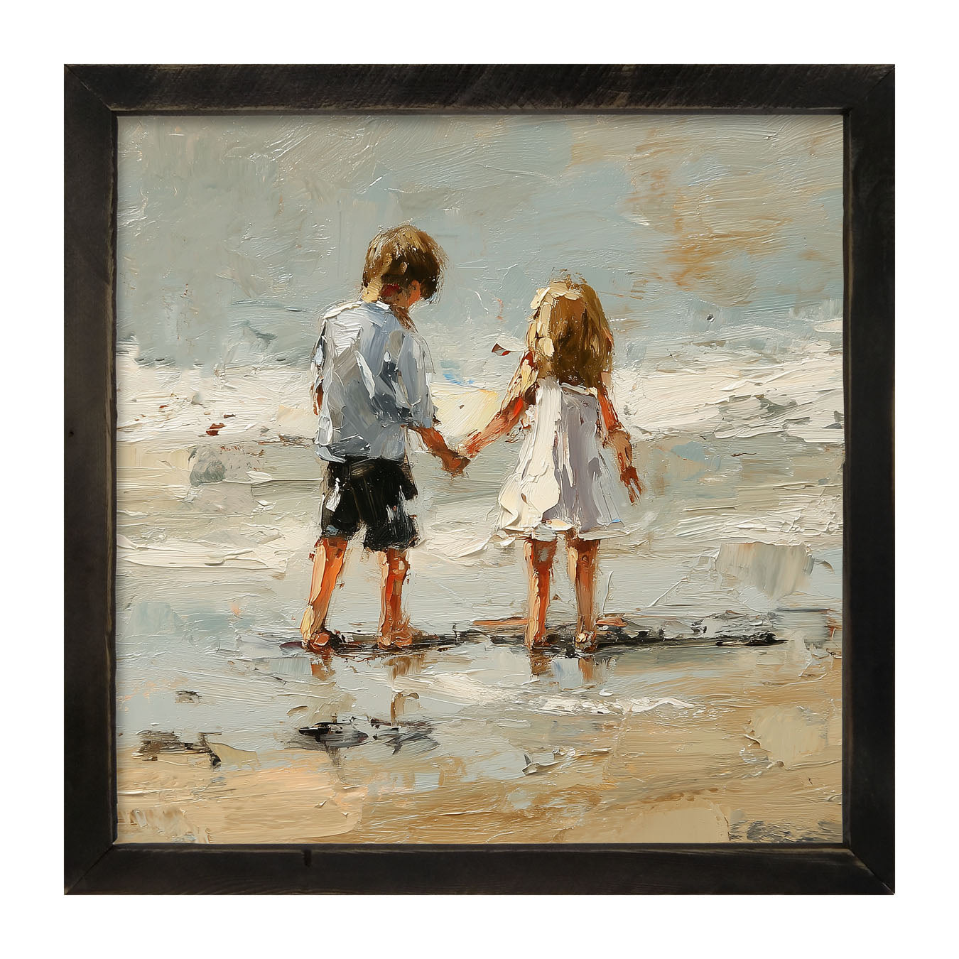Children walking along Beach - Framed Art