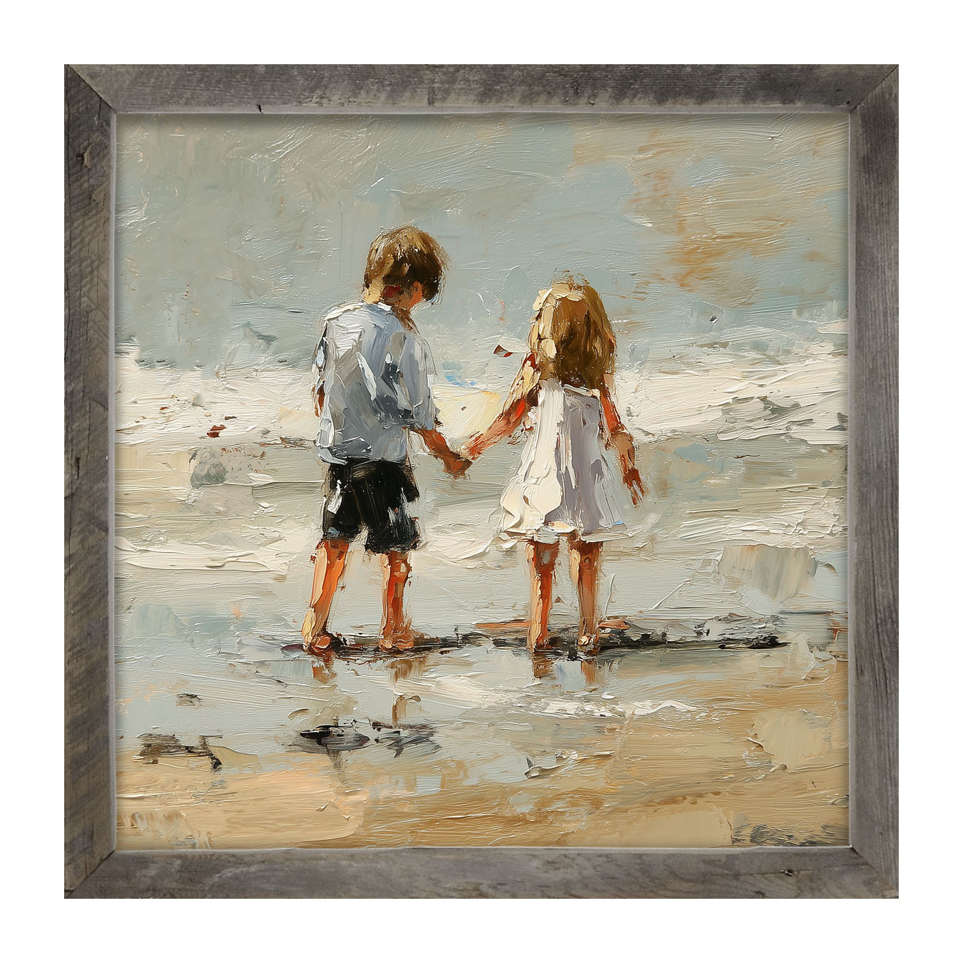 Children walking along Beach - Framed Art