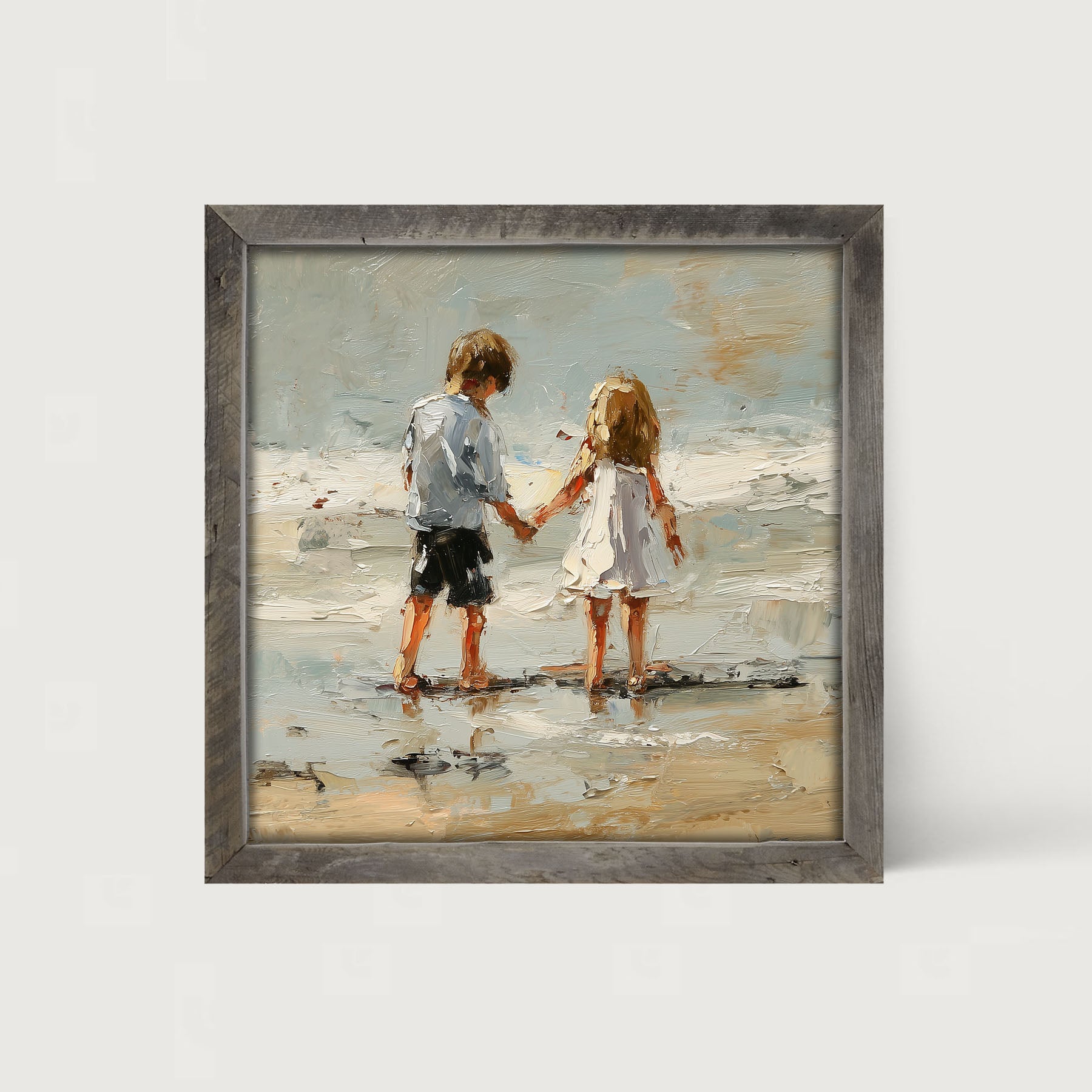 Children walking along Beach - Framed Art