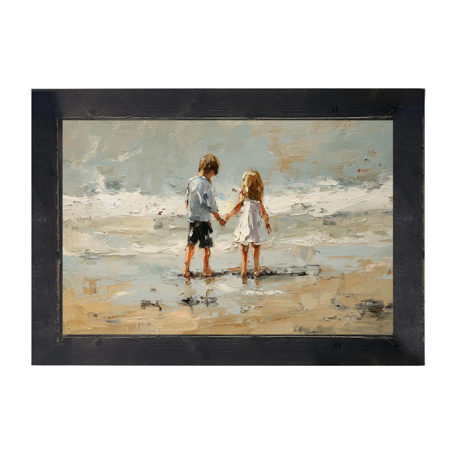 Children walking along Beach - Framed Art