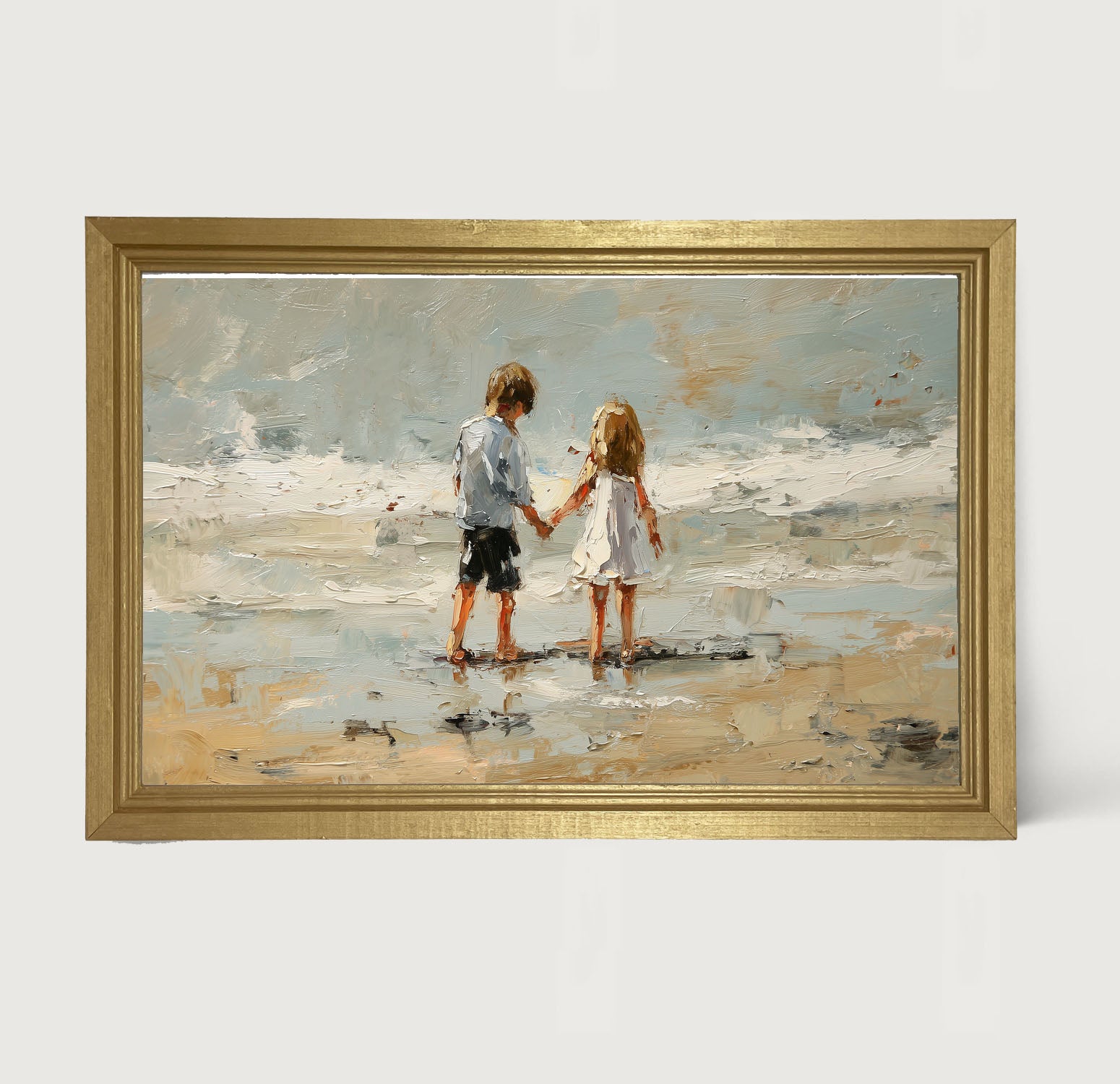 Children walking along Beach - Framed Art