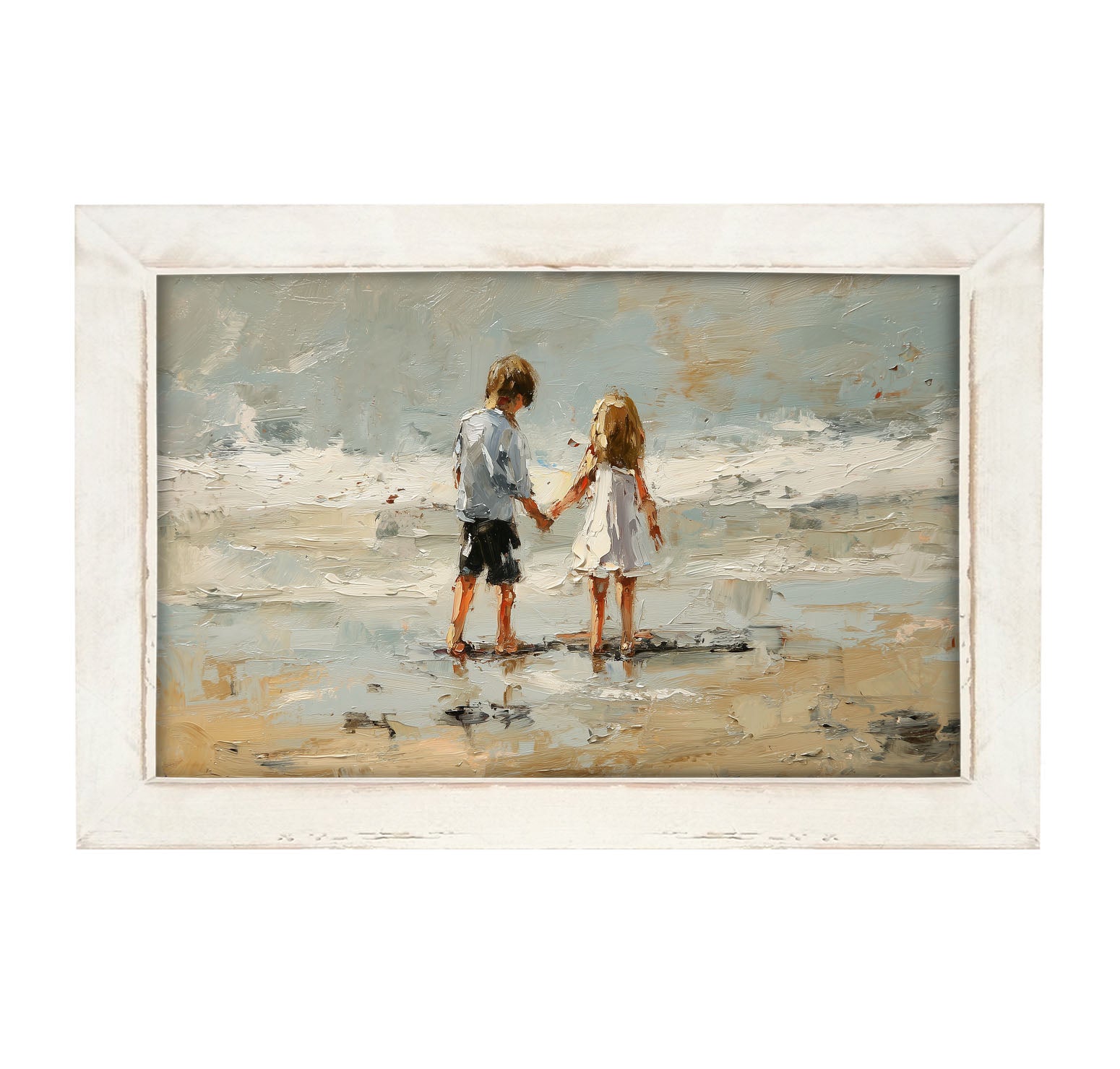 Children walking along Beach - Framed Art