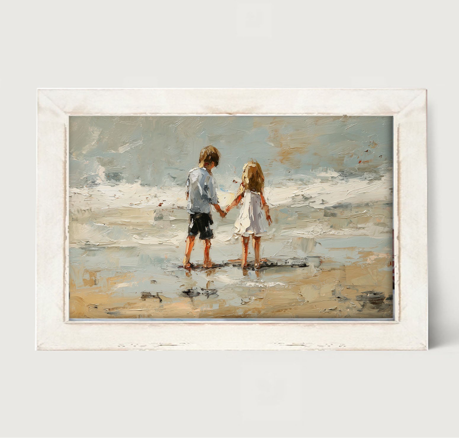 Children walking along Beach - Framed Art