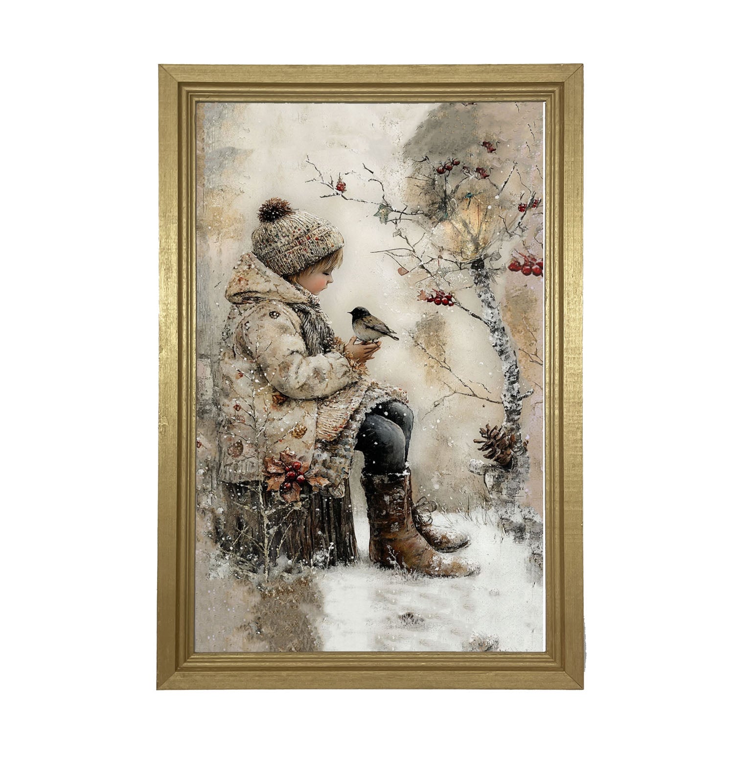 Winter Girl with bird - Framed Art