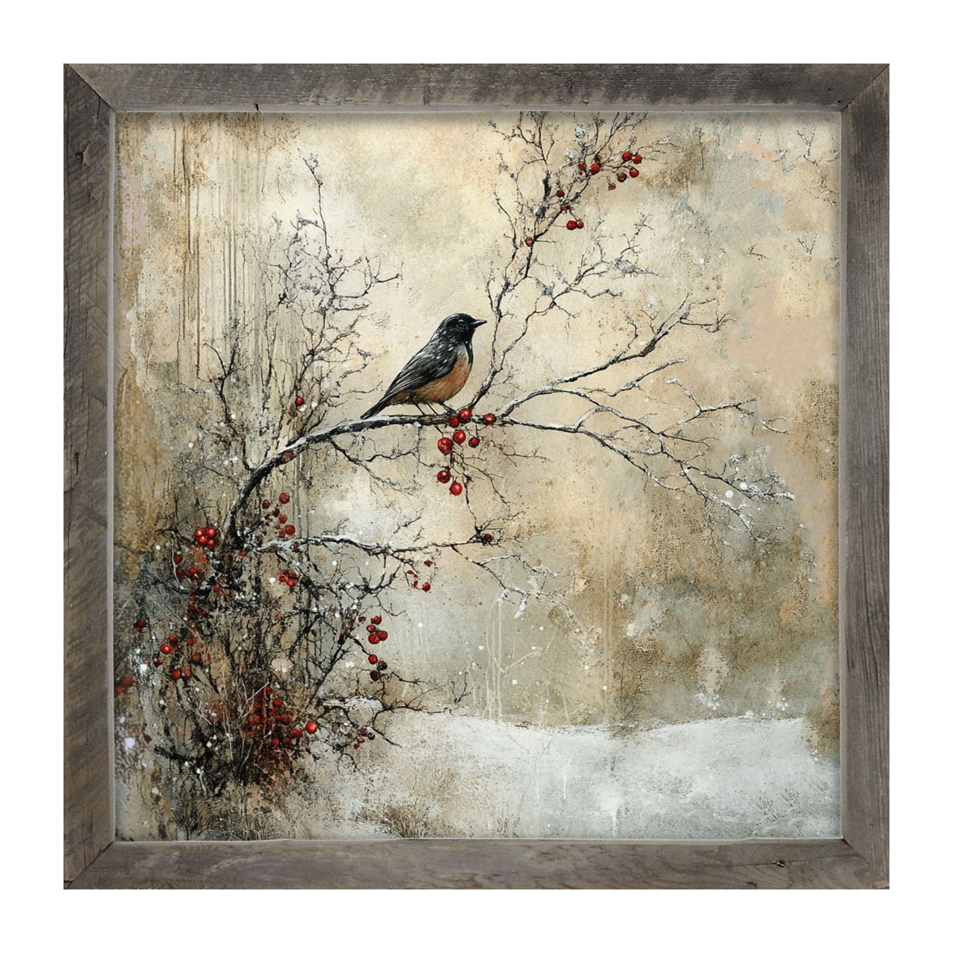 Bird on Berry Branch - Framed Art