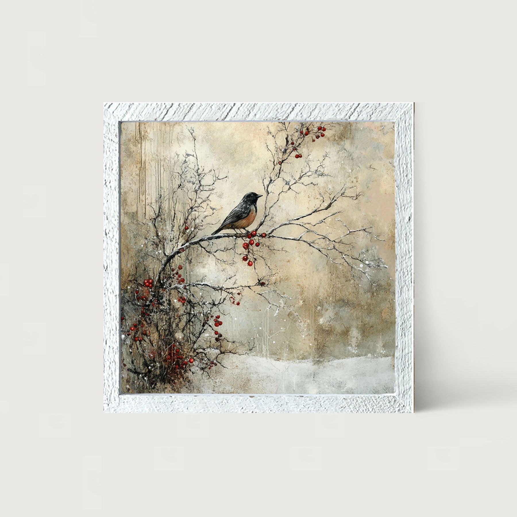 Bird on Berry Branch - Framed Art