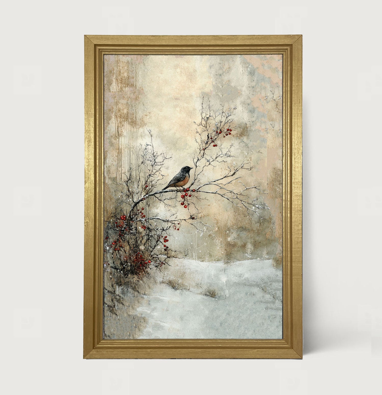 Bird on Berry Branch - Framed Art