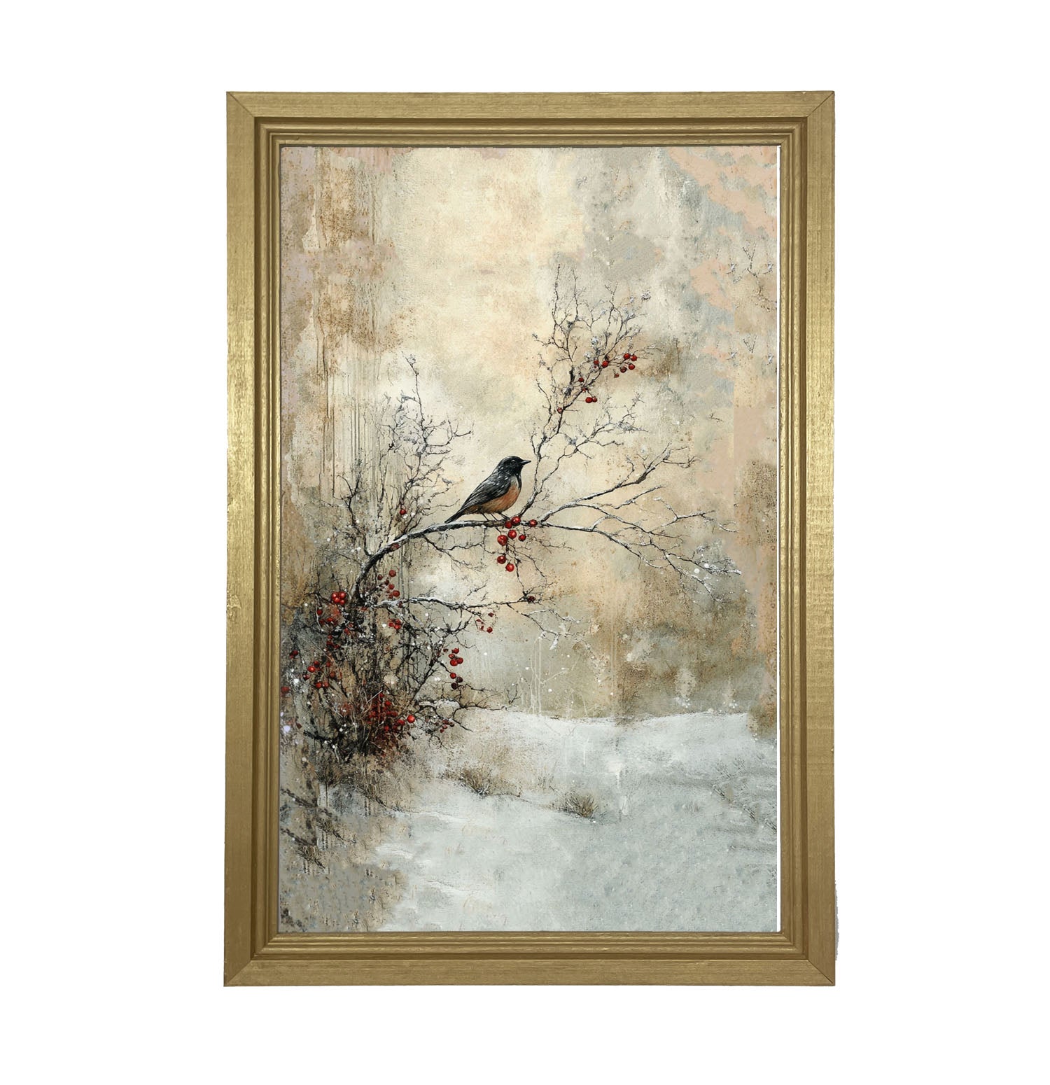Bird on Berry Branch - Framed Art