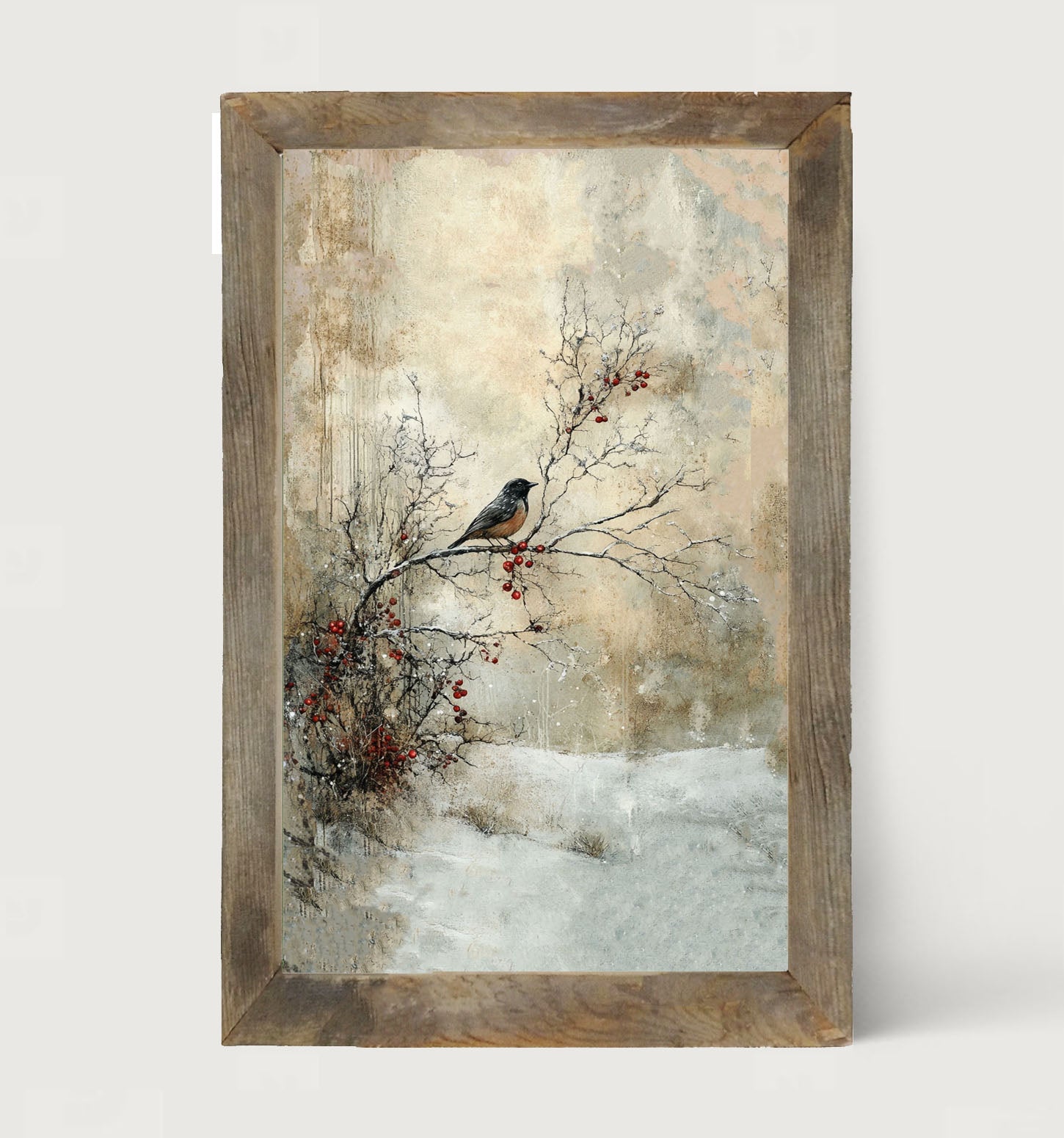 Bird on Berry Branch - Framed Art