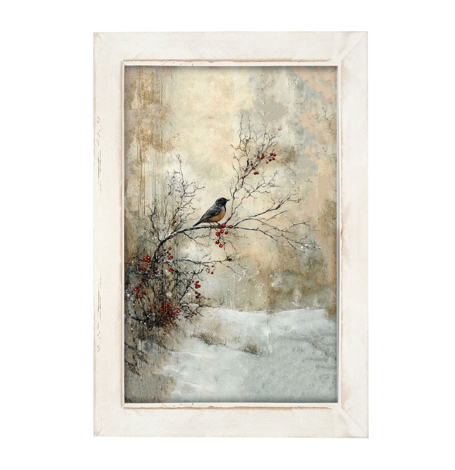 Bird on Berry Branch - Framed Art