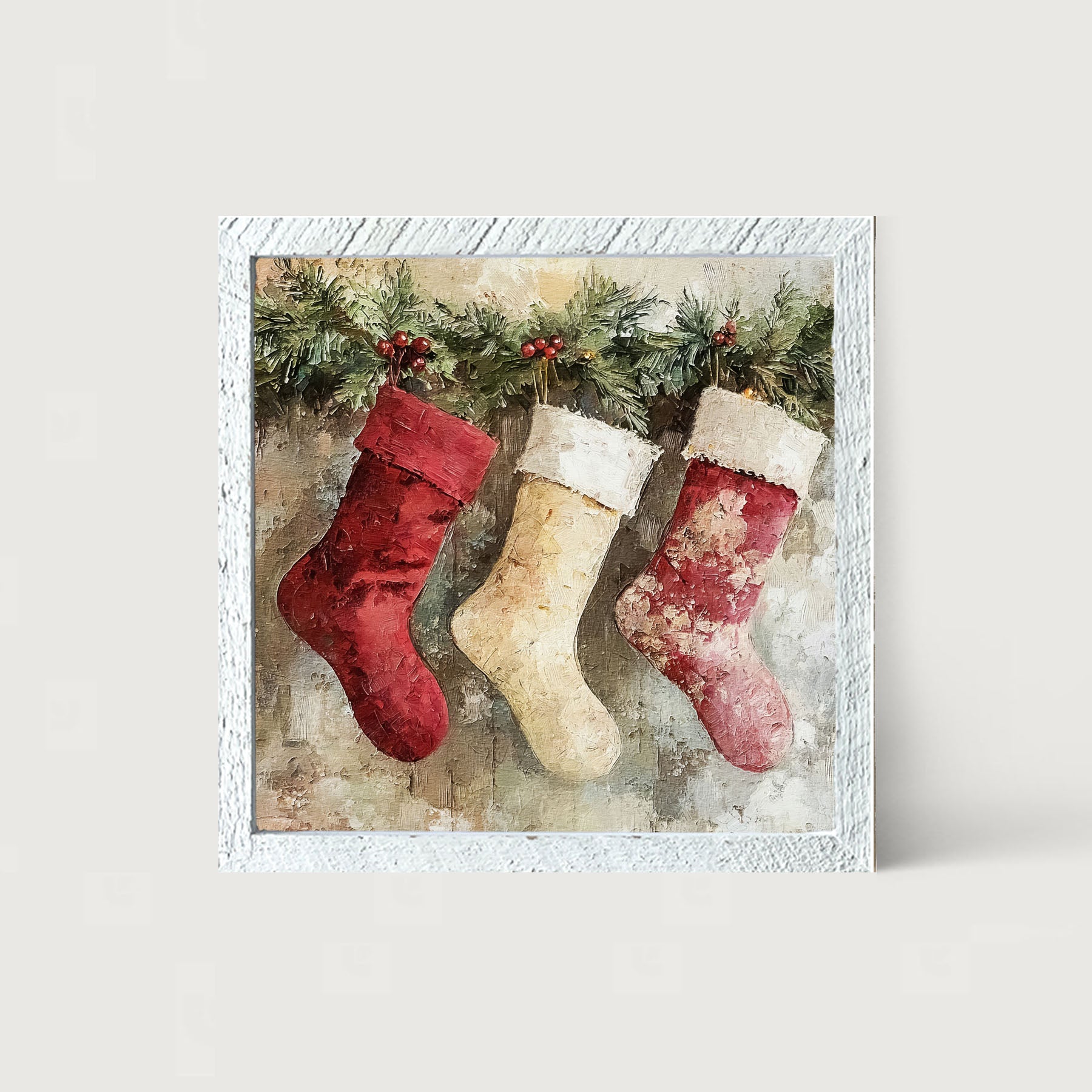 Rustic Red and White Stockings - Framed art