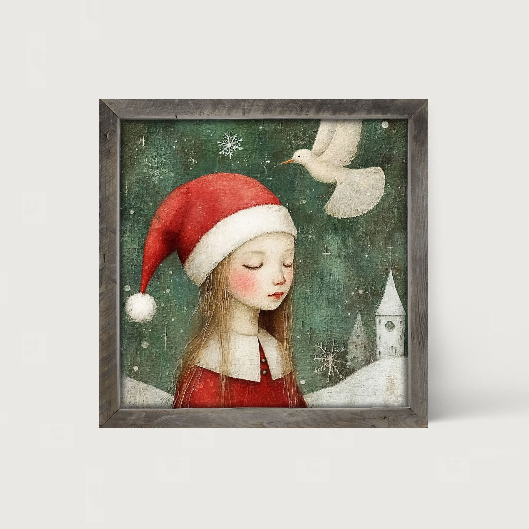 Christmas girl with dove - Framed Art