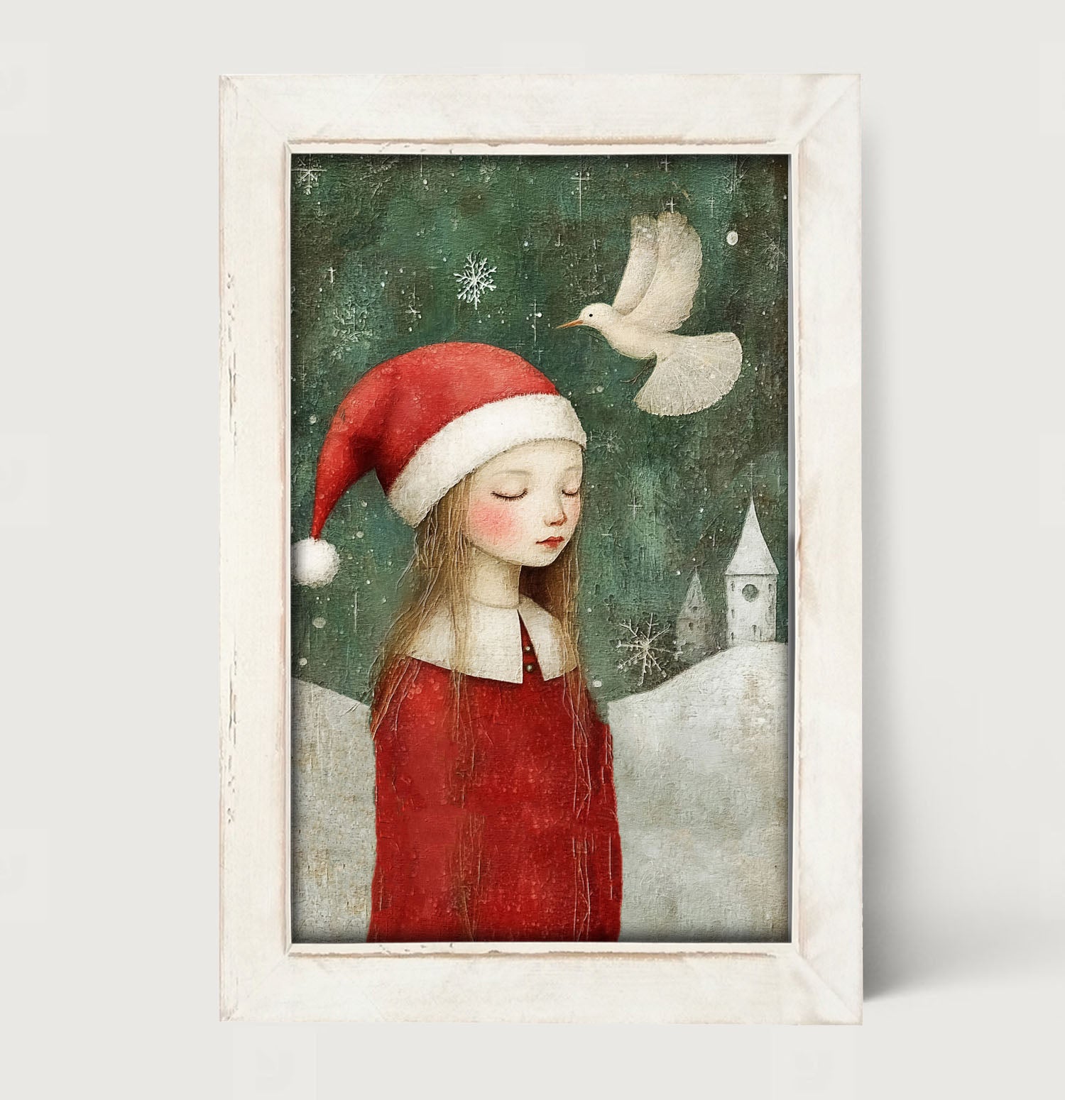 Christmas girl with dove - Framed Art