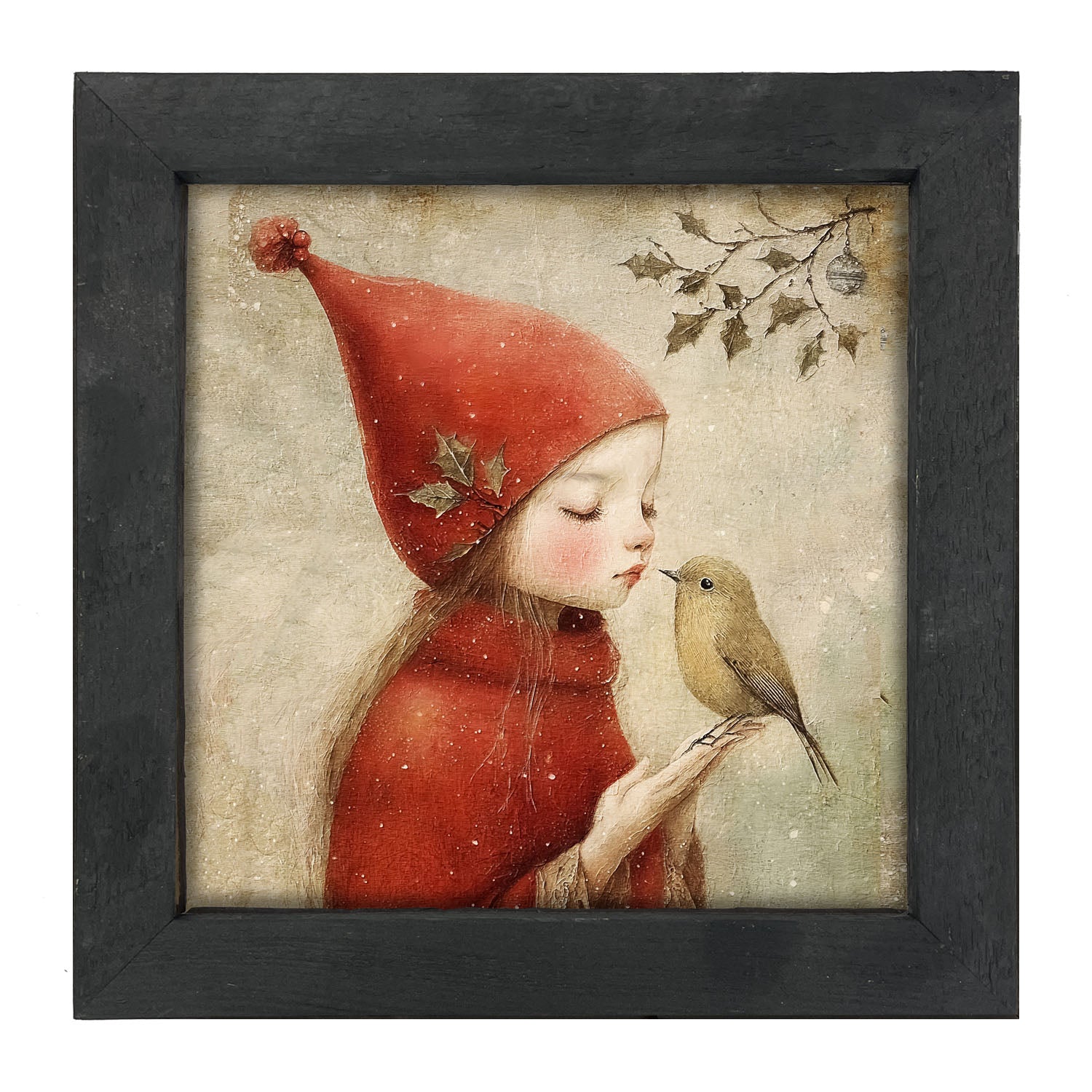 Christmas girl with bird - Framed Art