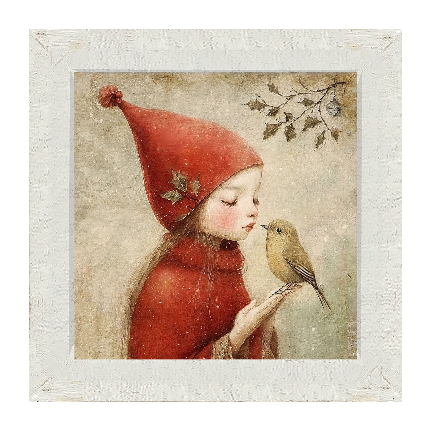 Christmas girl with bird - Framed Art