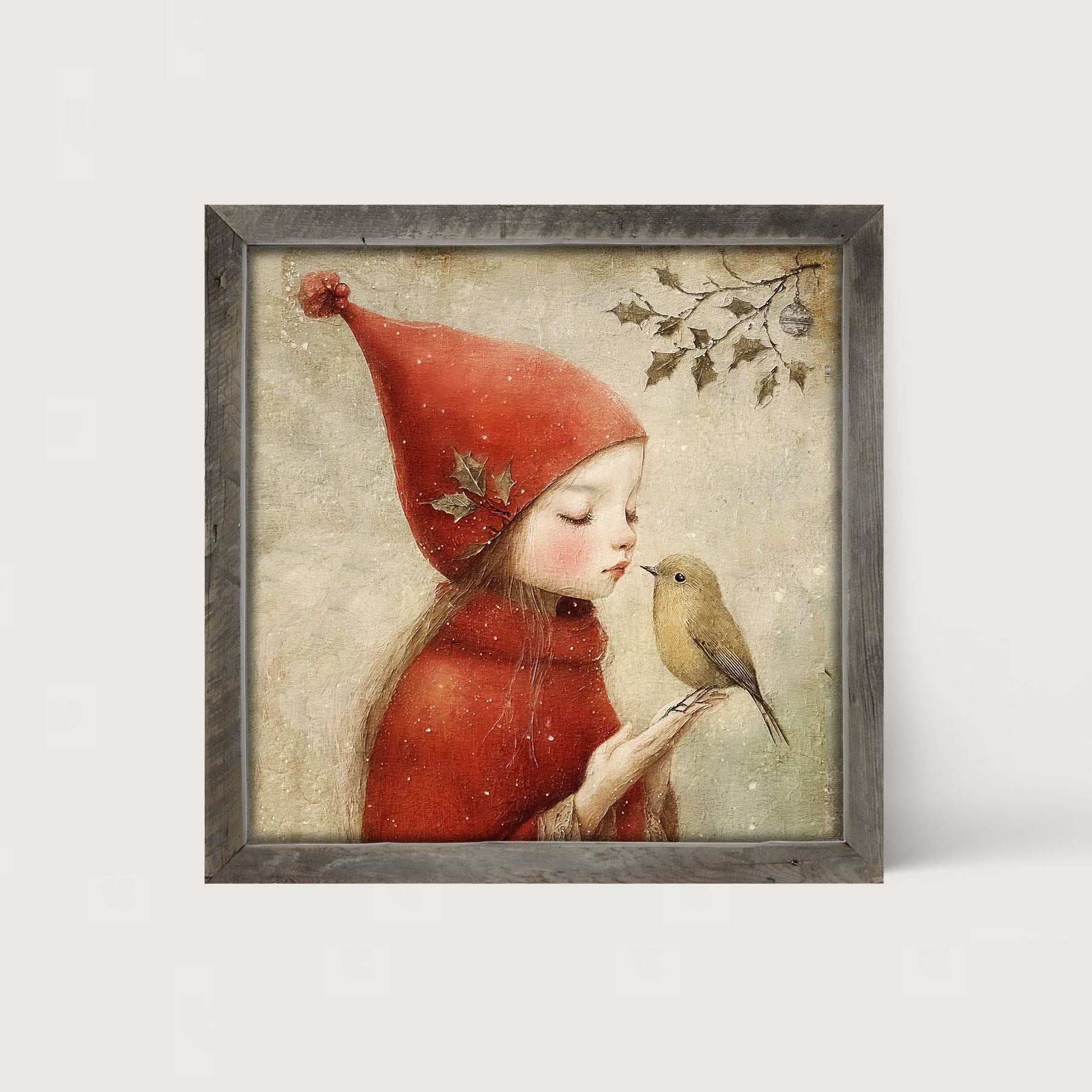 Christmas girl with bird - Framed Art