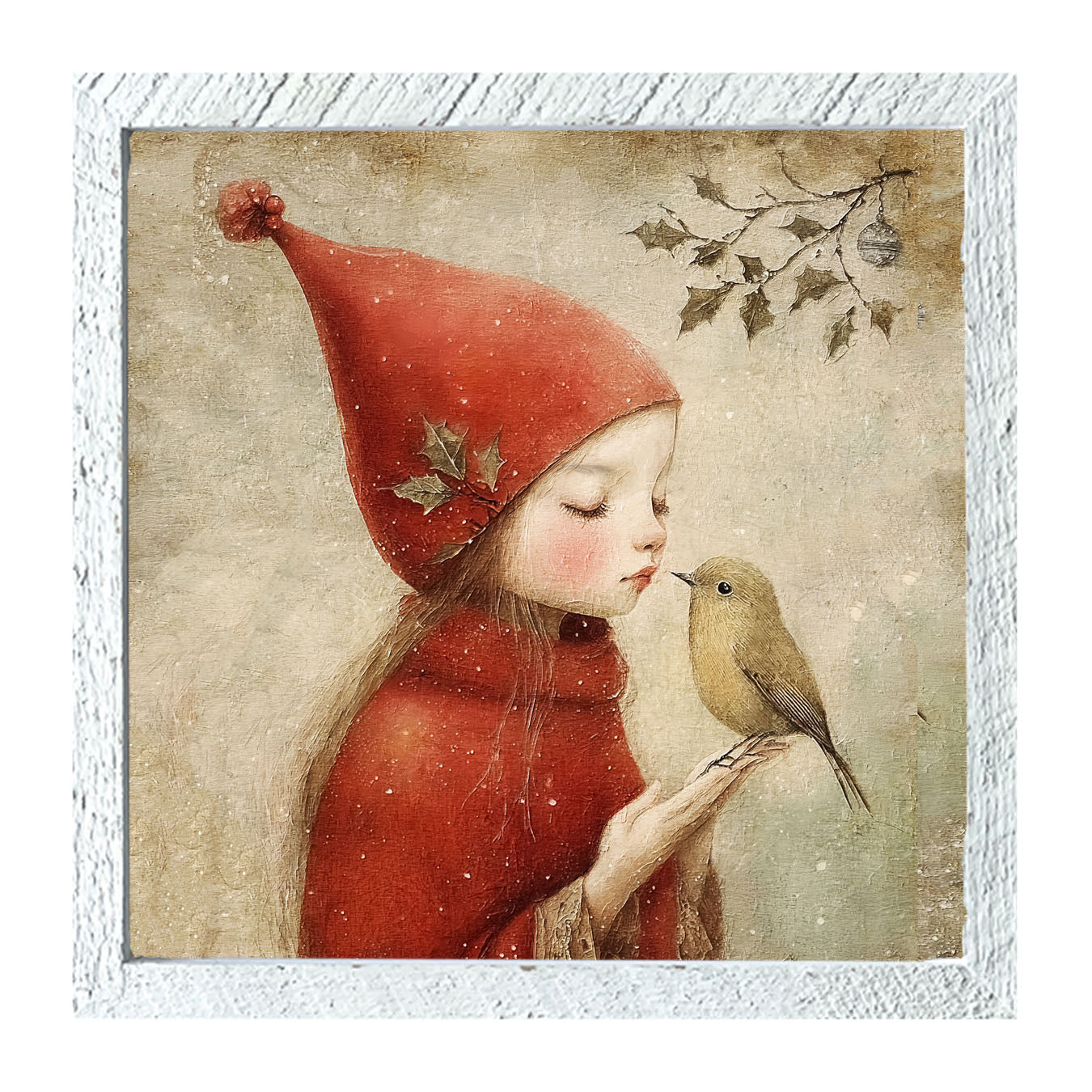 Christmas girl with bird - Framed Art