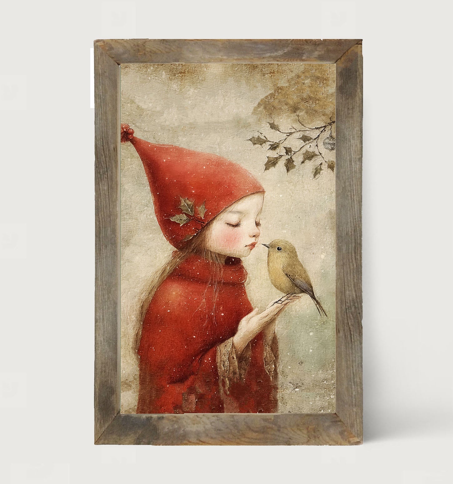 Christmas girl with bird - Framed Art