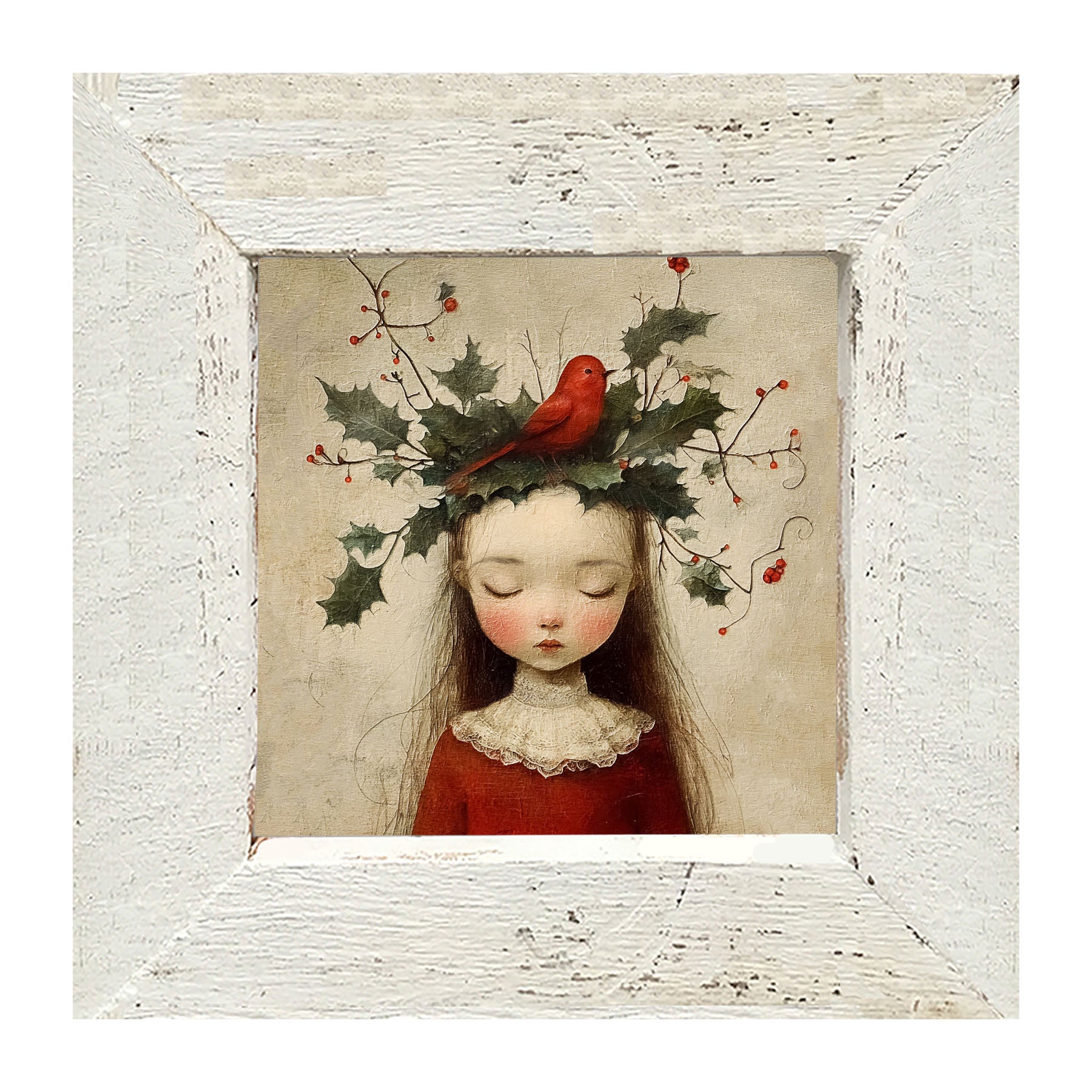 Christmas Girl with Cardinal - Framed Art