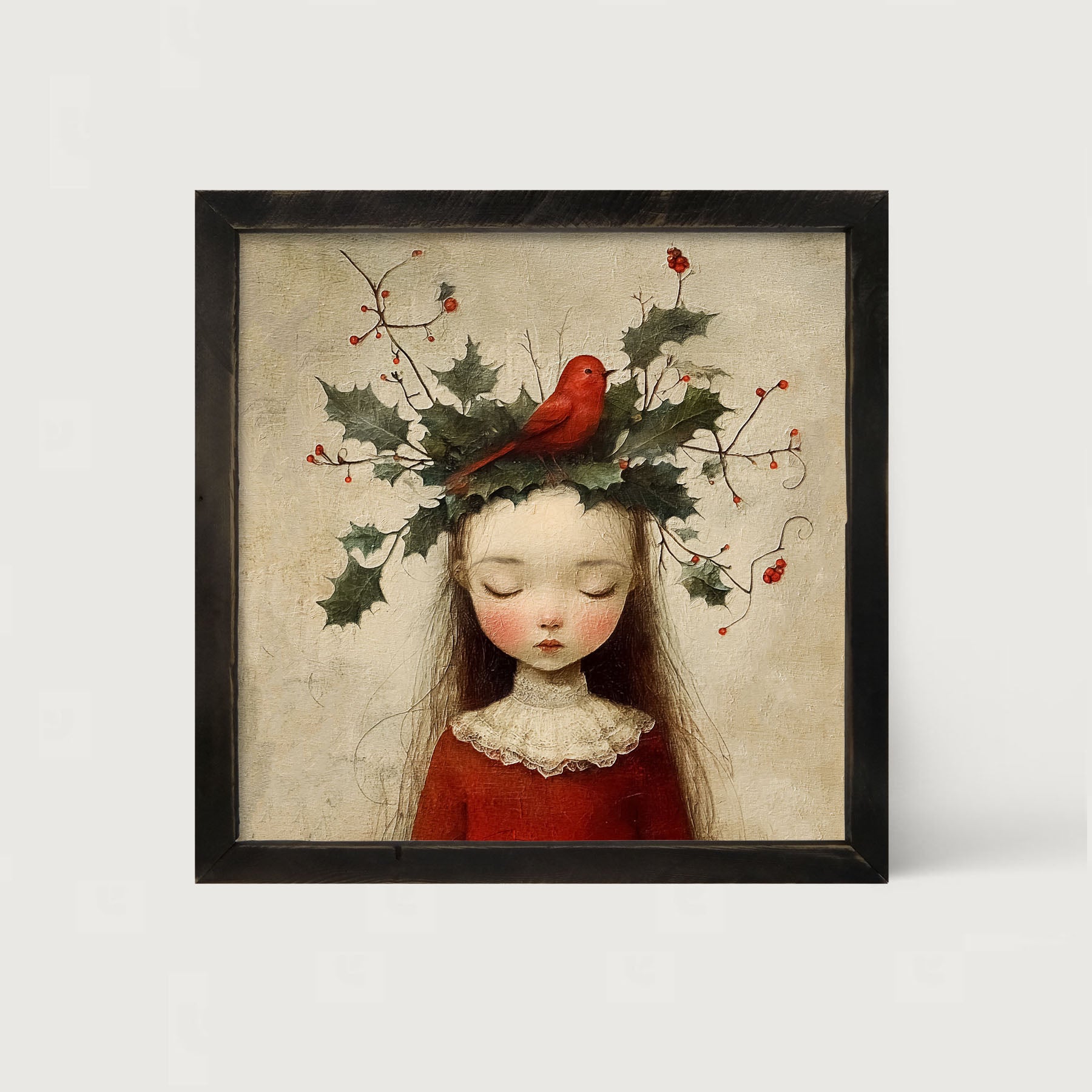 Christmas Girl with Cardinal - Framed Art
