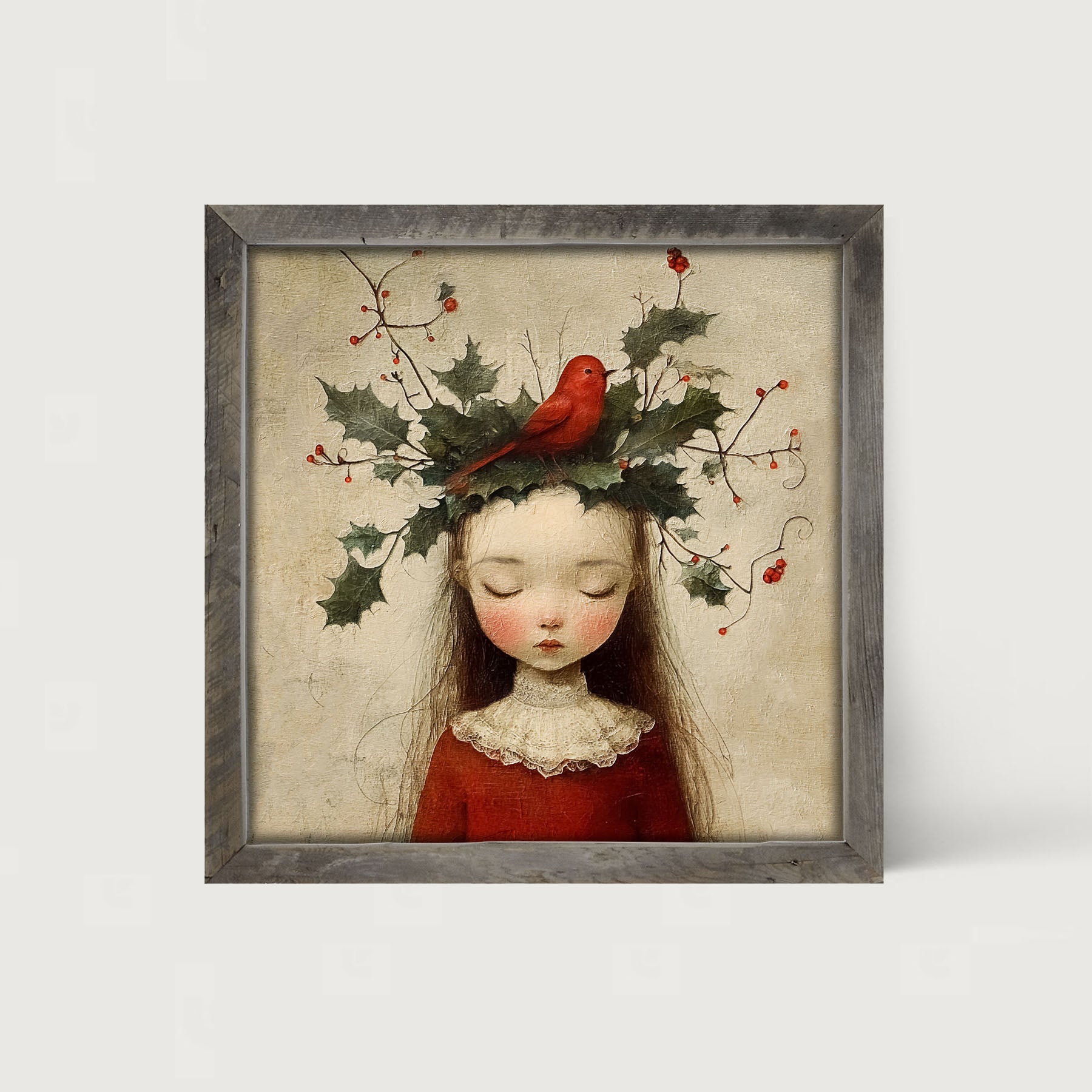 Christmas Girl with Cardinal - Framed Art