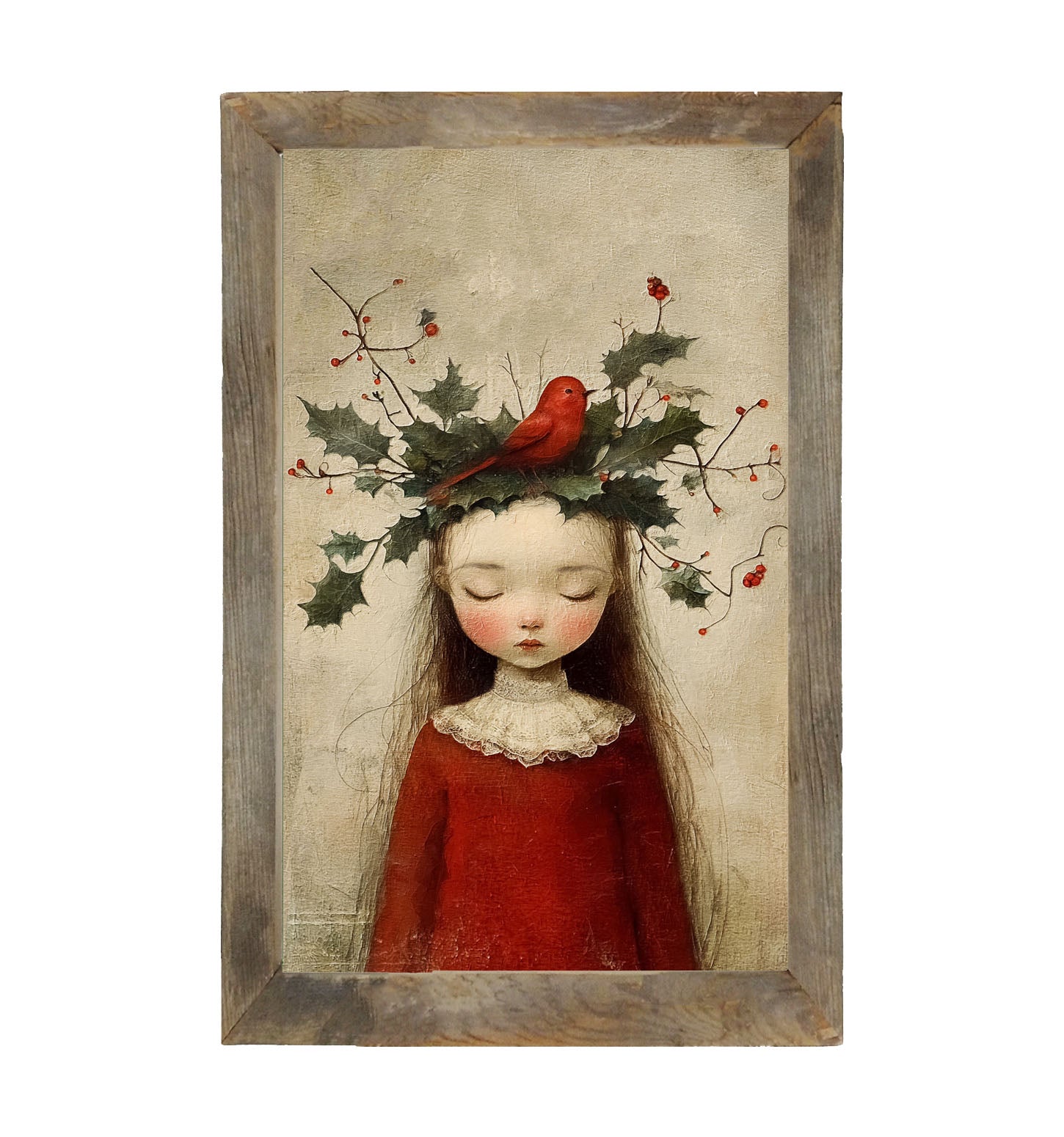 Christmas Girl with Cardinal - Framed Art