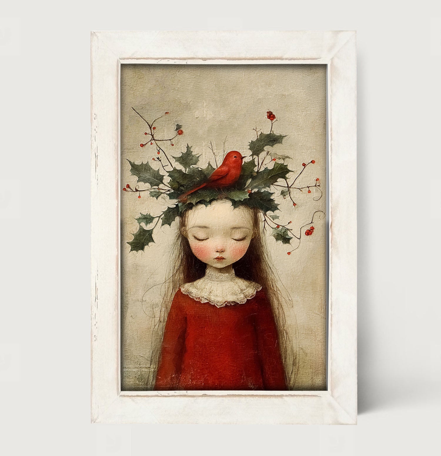 Christmas Girl with Cardinal - Framed Art