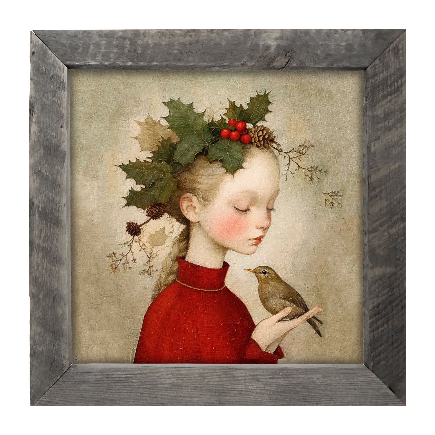 Girl with Holly and Bird - Framed Art