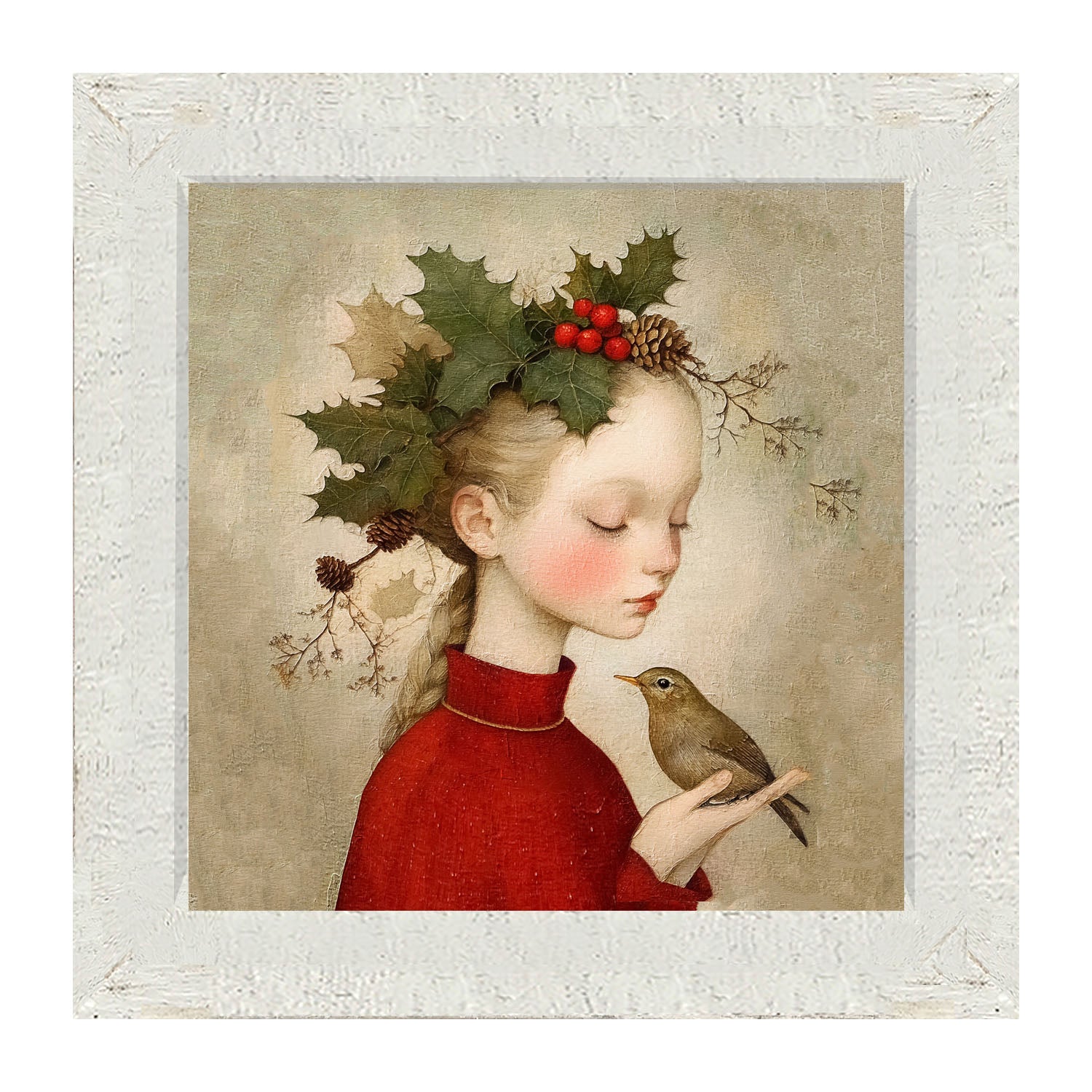 Girl with Holly and Bird - Framed Art