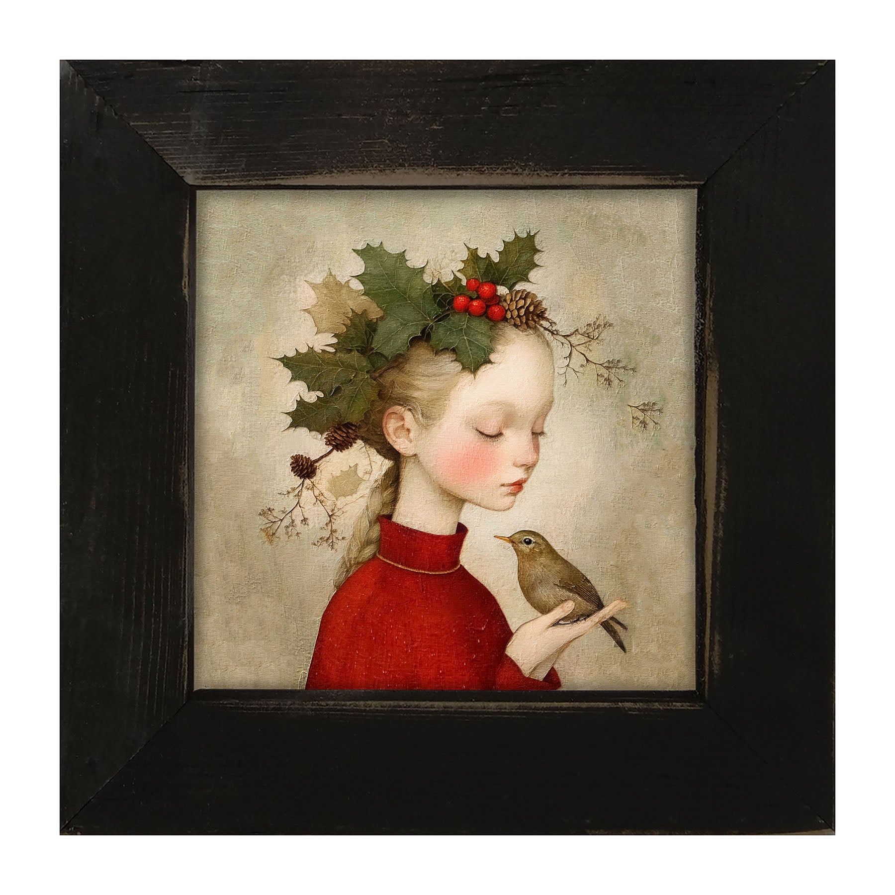 Girl with Holly and Bird - Framed Art