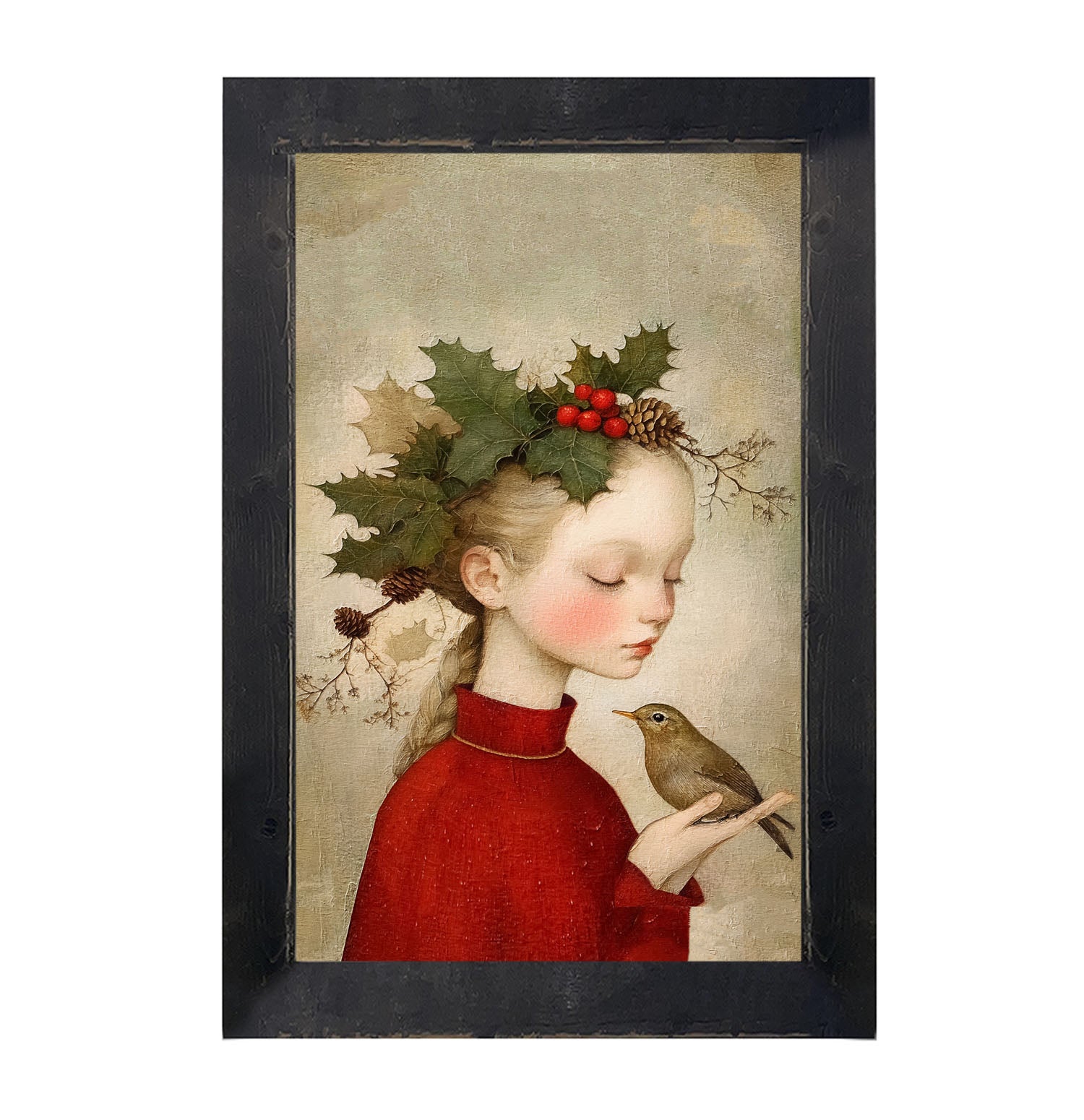 Girl with Holly and Bird - Framed Art