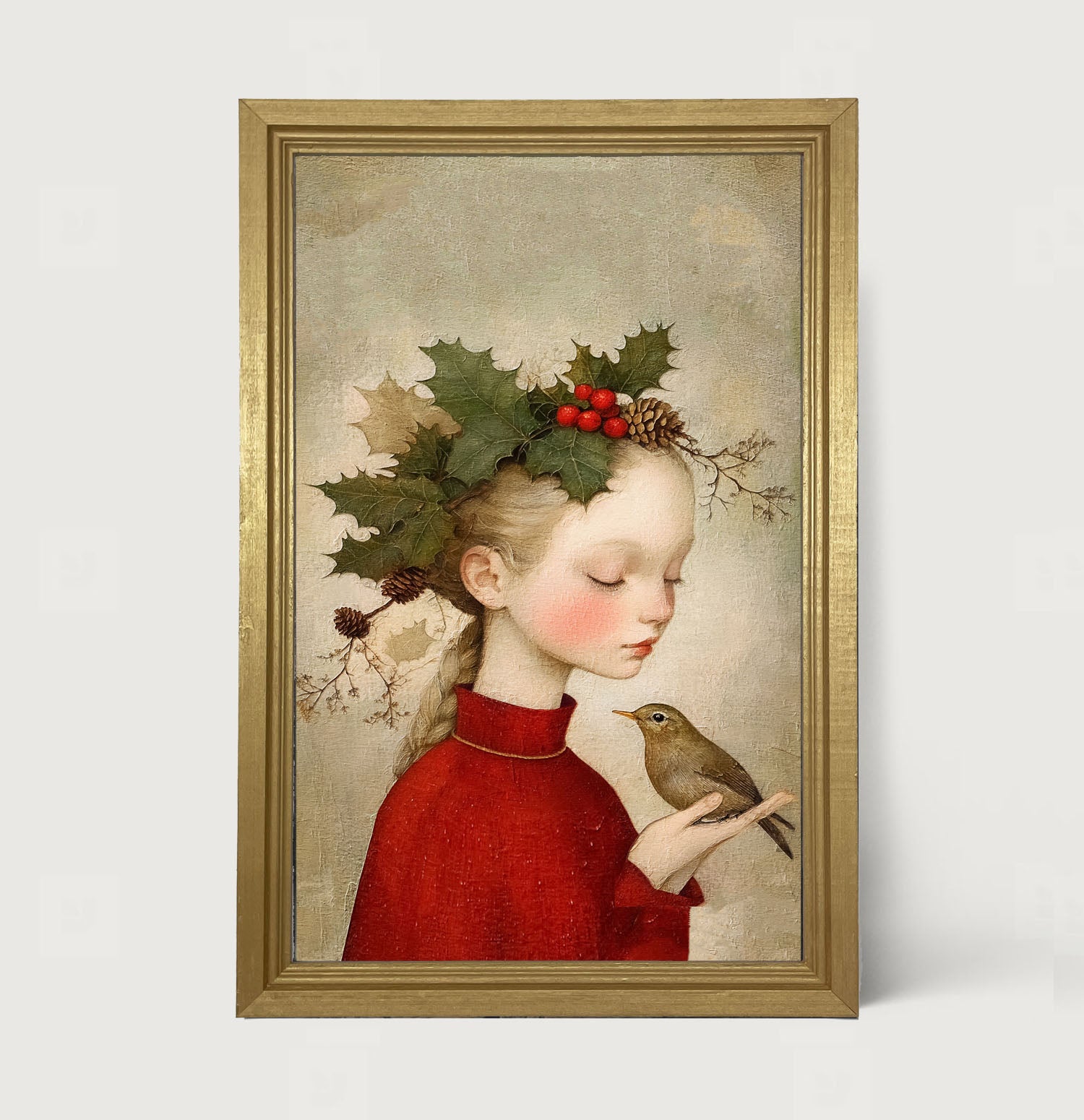 Girl with Holly and Bird - Framed Art