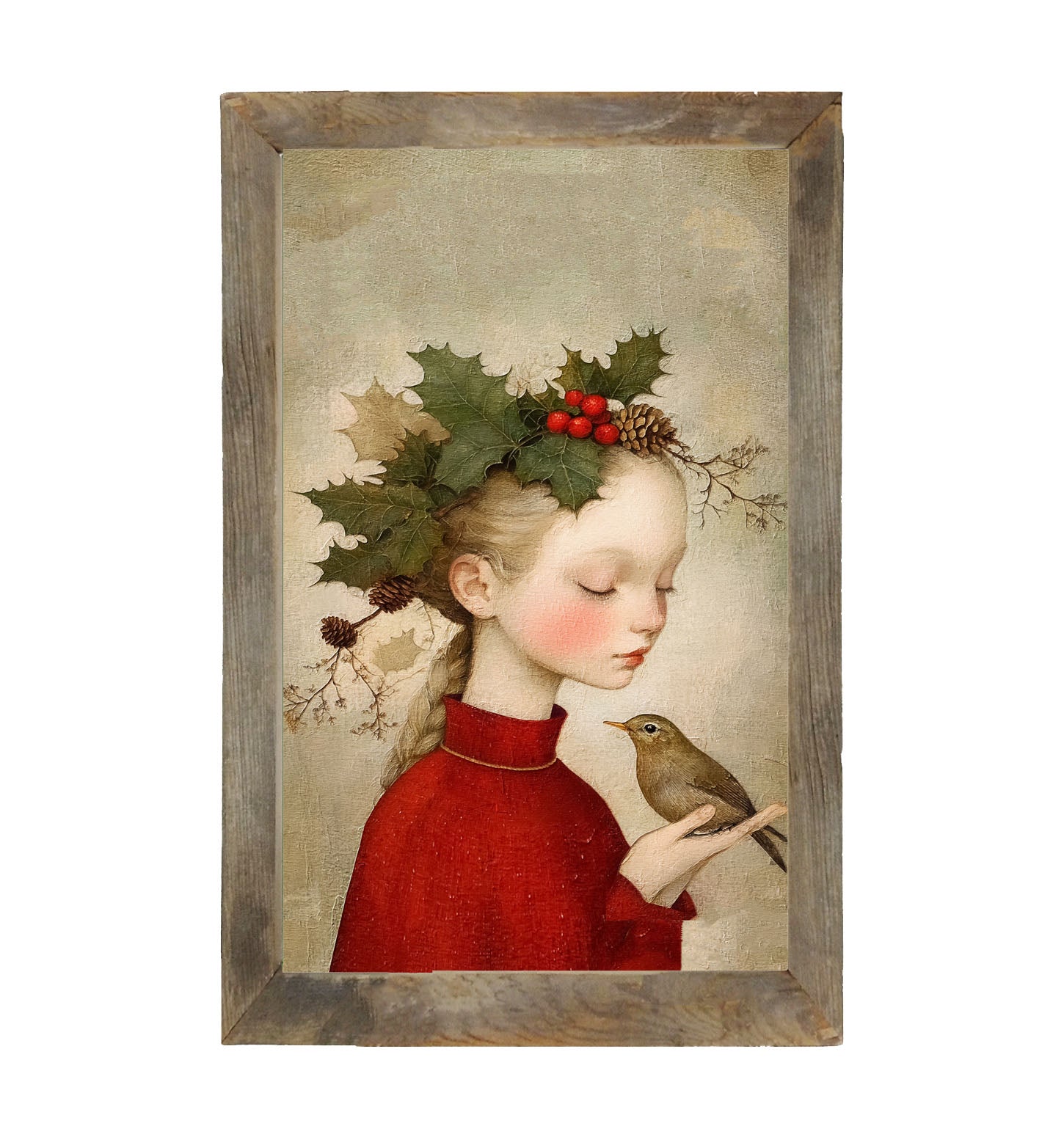 Girl with Holly and Bird - Framed Art