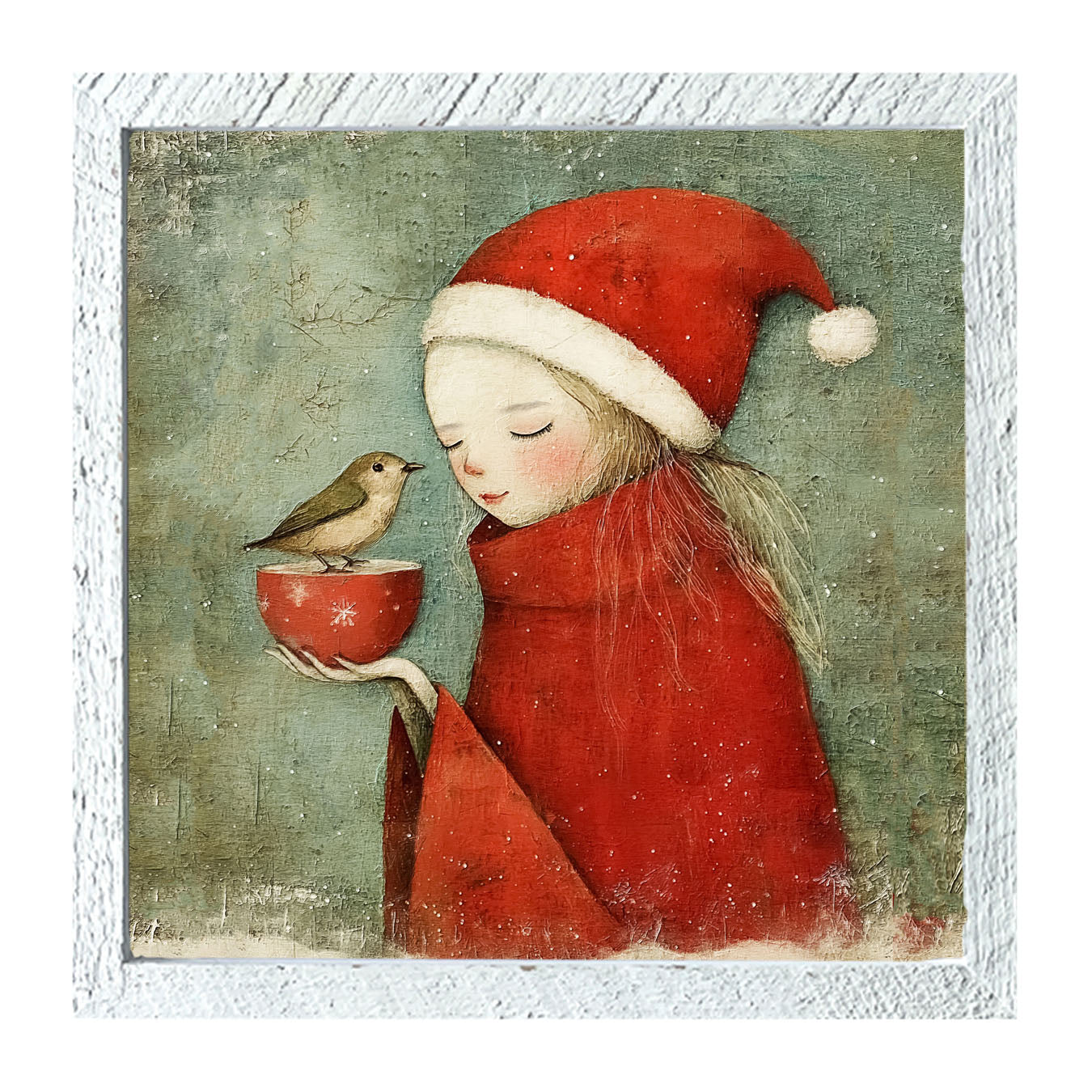 Rustic Christmas girl and bird - Framed Art