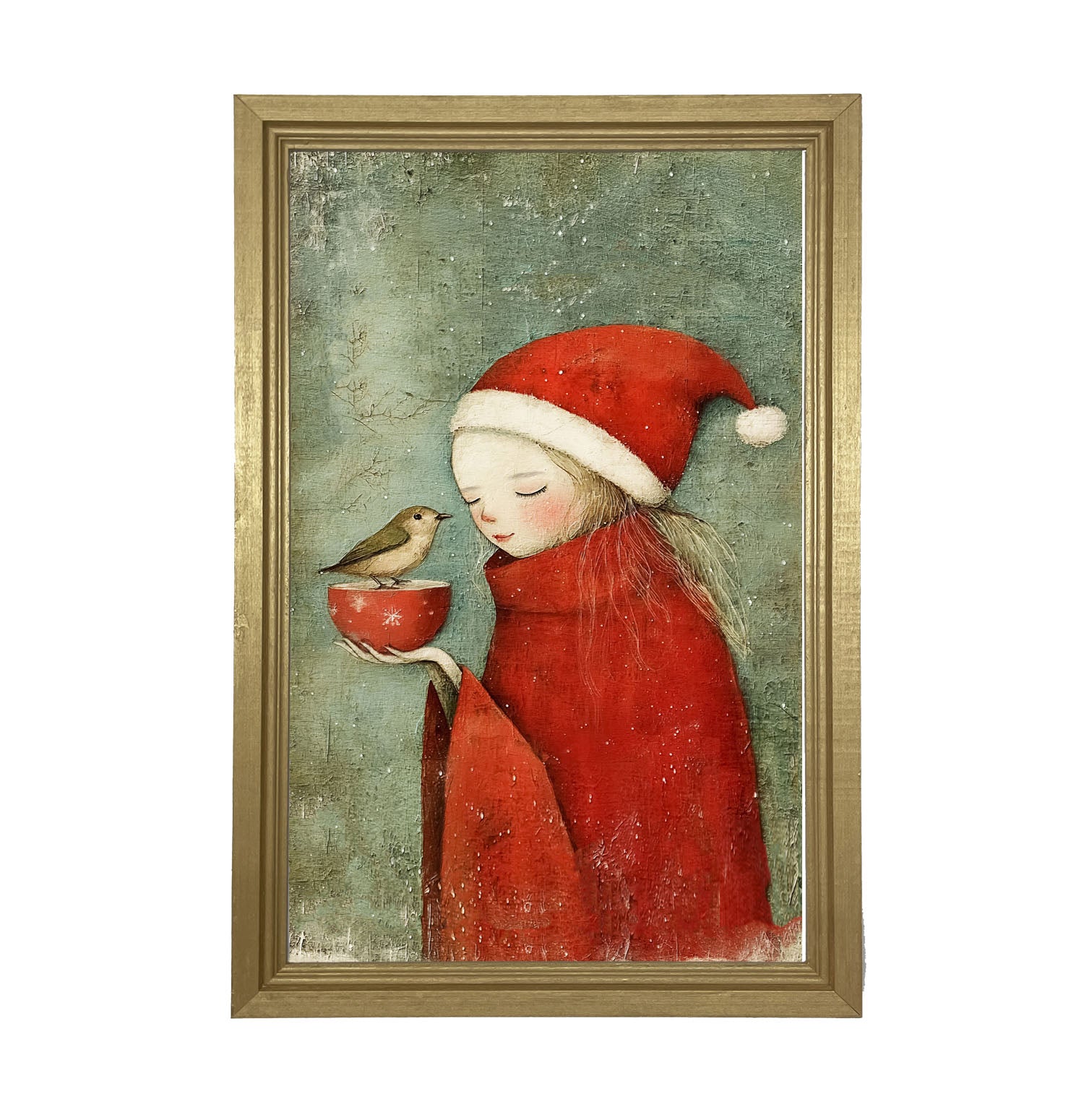 Rustic Christmas girl and bird - Framed Art