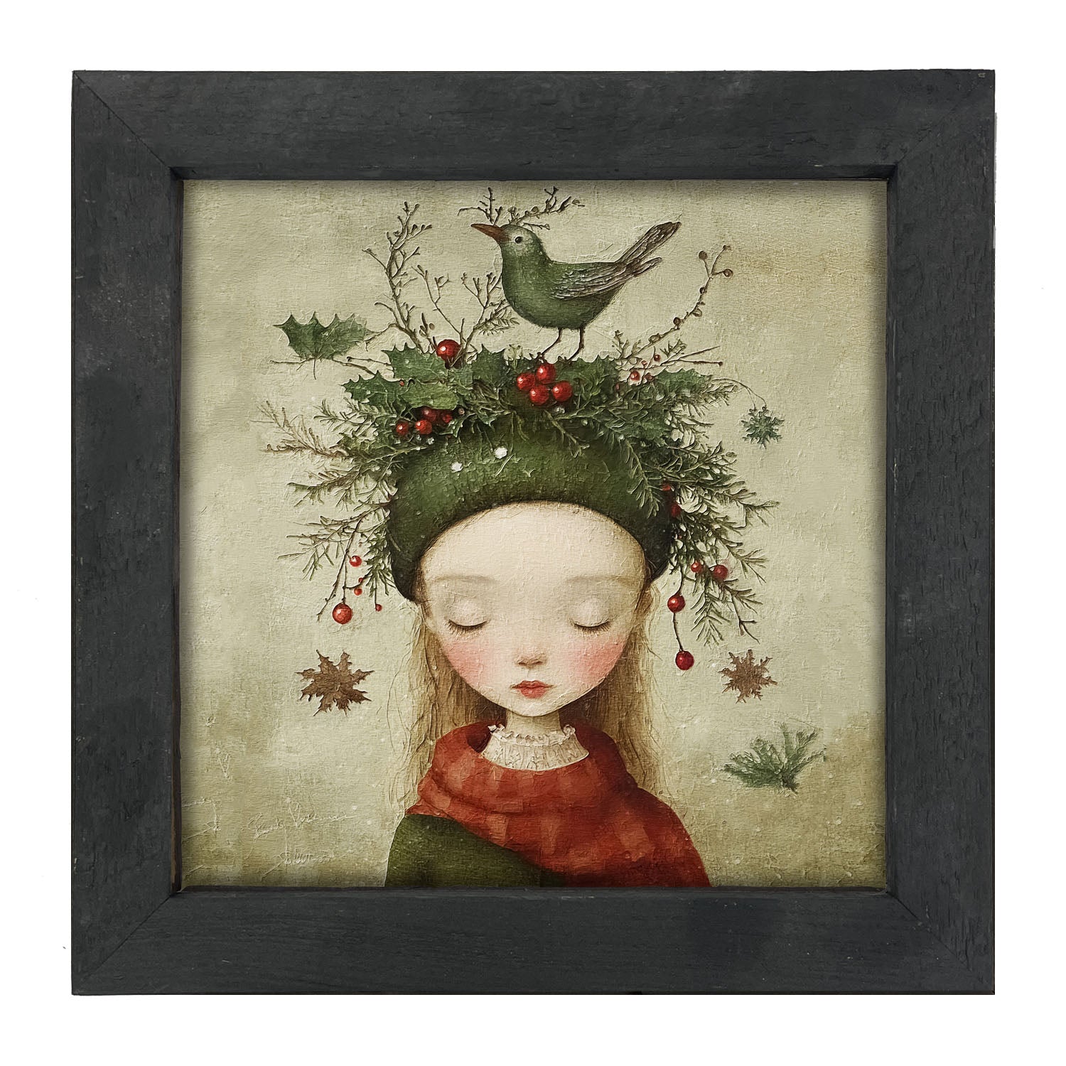 Green Christmas Girl with Bird - Framed Art