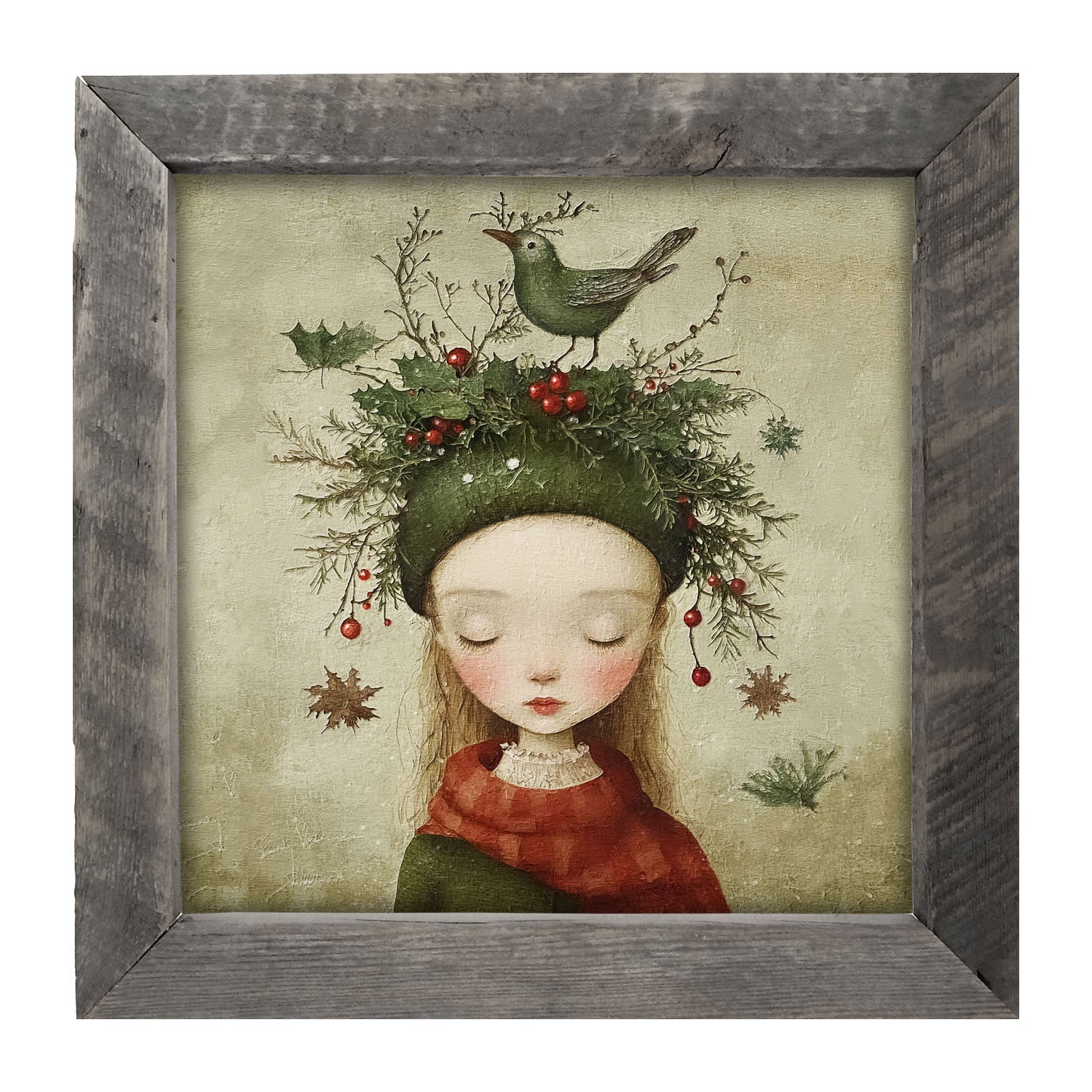 Green Christmas Girl with Bird - Framed Art