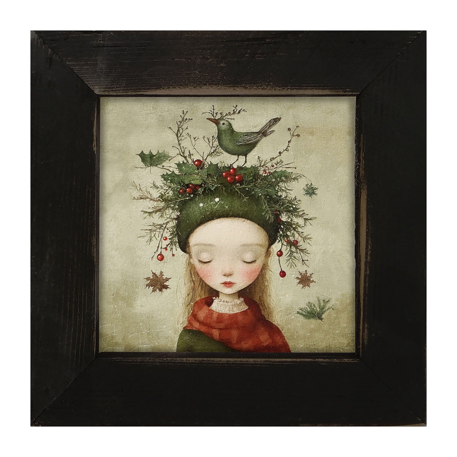 Green Christmas Girl with Bird - Framed Art
