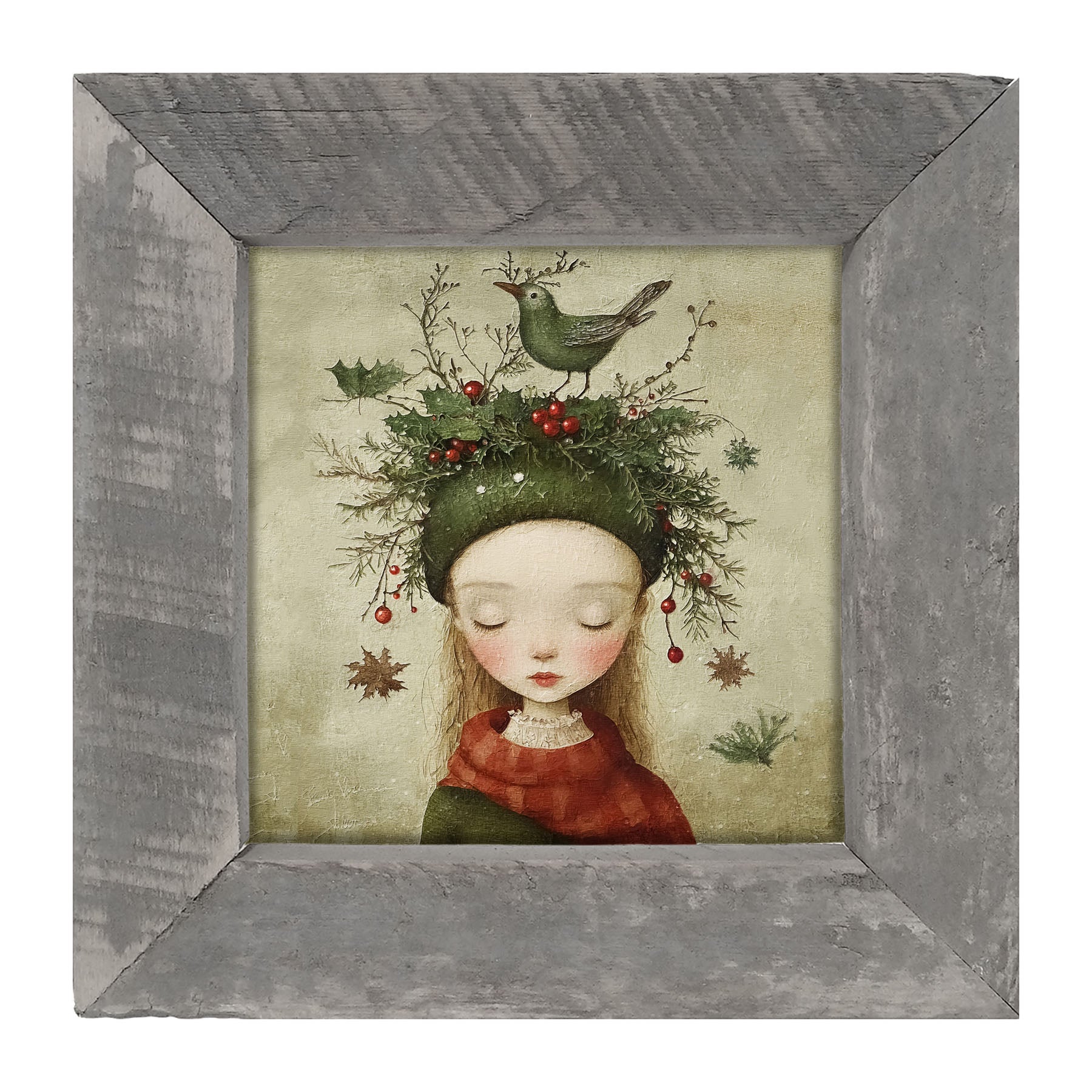 Green Christmas Girl with Bird - Framed Art