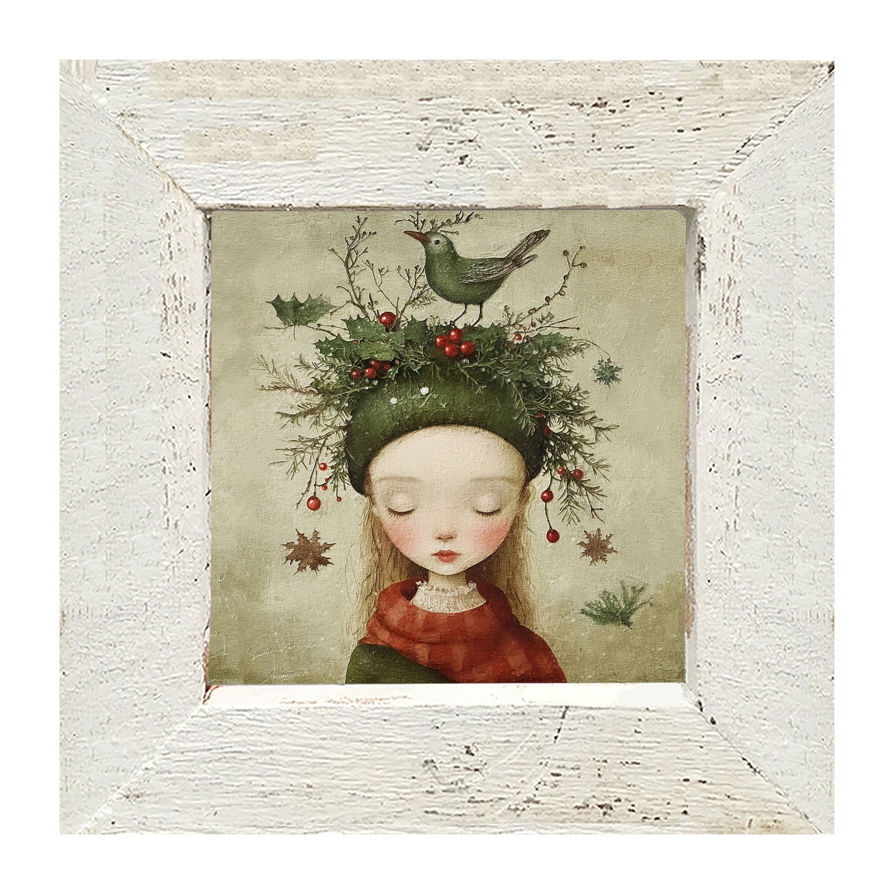 Green Christmas Girl with Bird - Framed Art