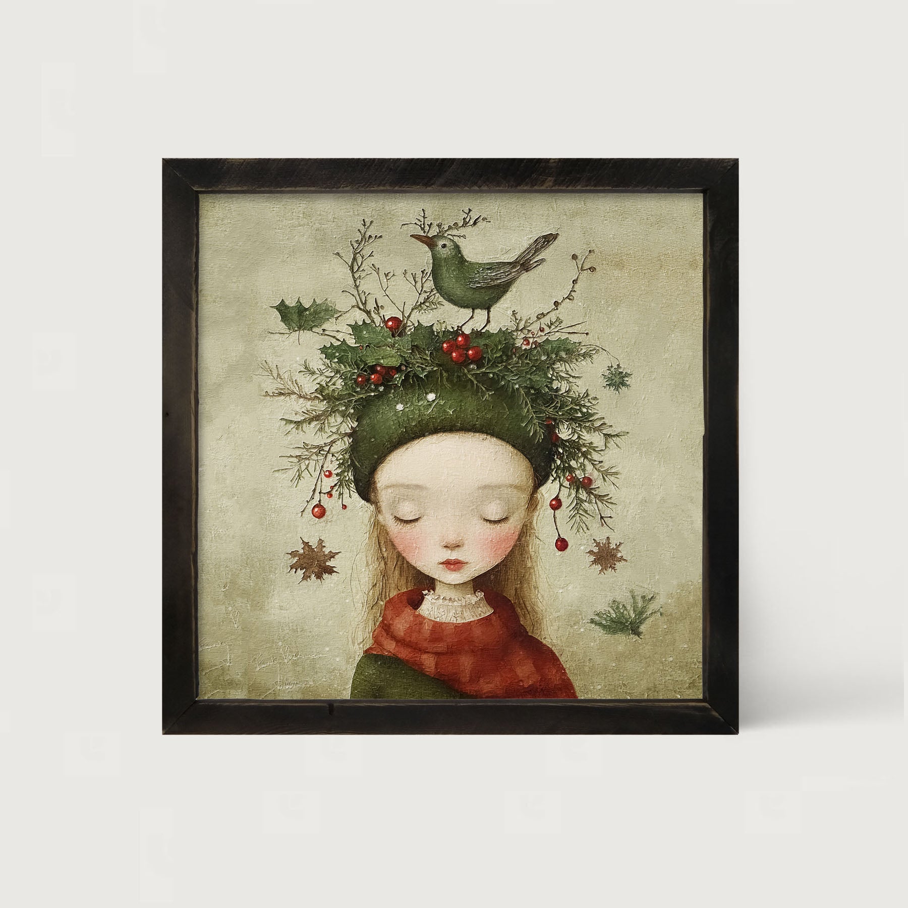 Green Christmas Girl with Bird