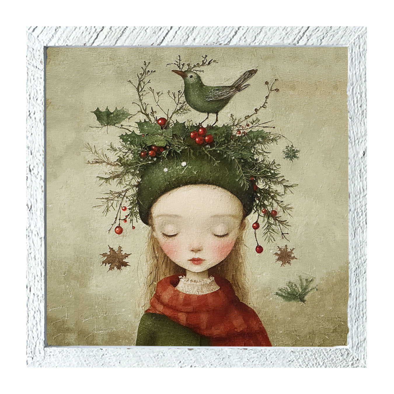 Green Christmas Girl with Bird - Framed Art