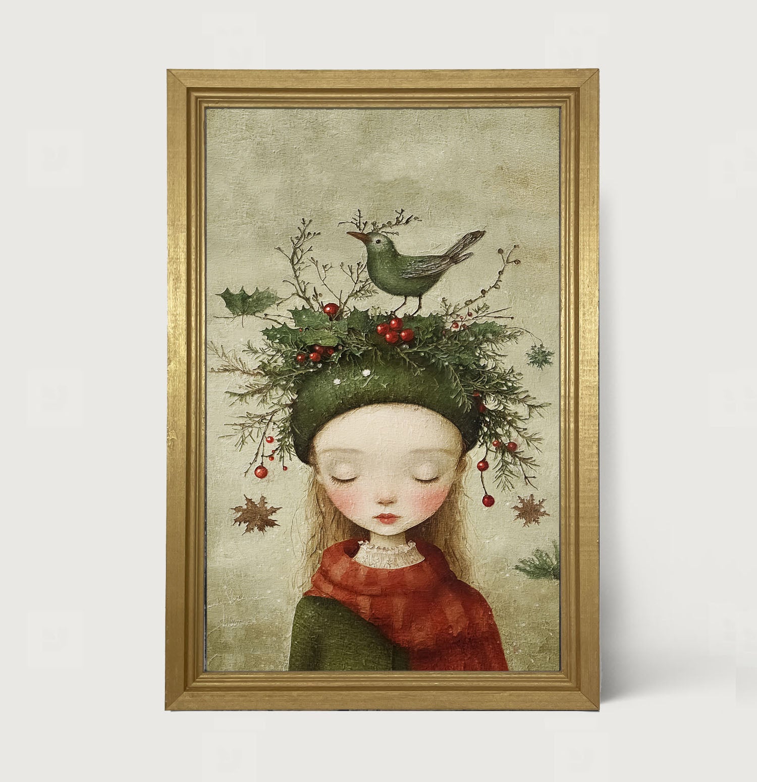 Green Christmas Girl with Bird - Framed Art