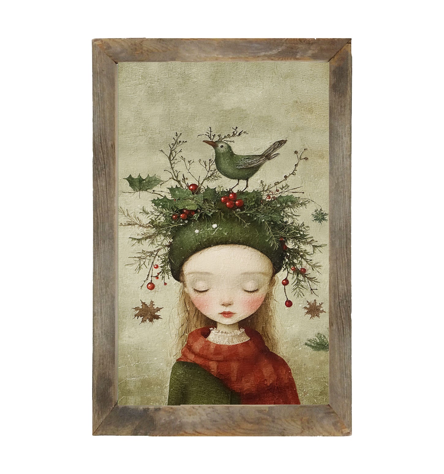 Green Christmas Girl with Bird - Framed Art
