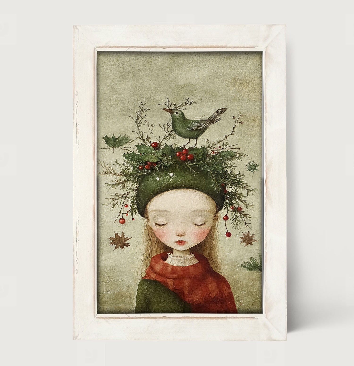 Green Christmas Girl with Bird